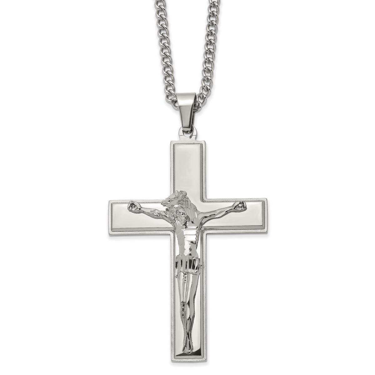 Chisel Stainless Steel Polished Crucifix Pendant on a 24 inch Curb Chain Necklace