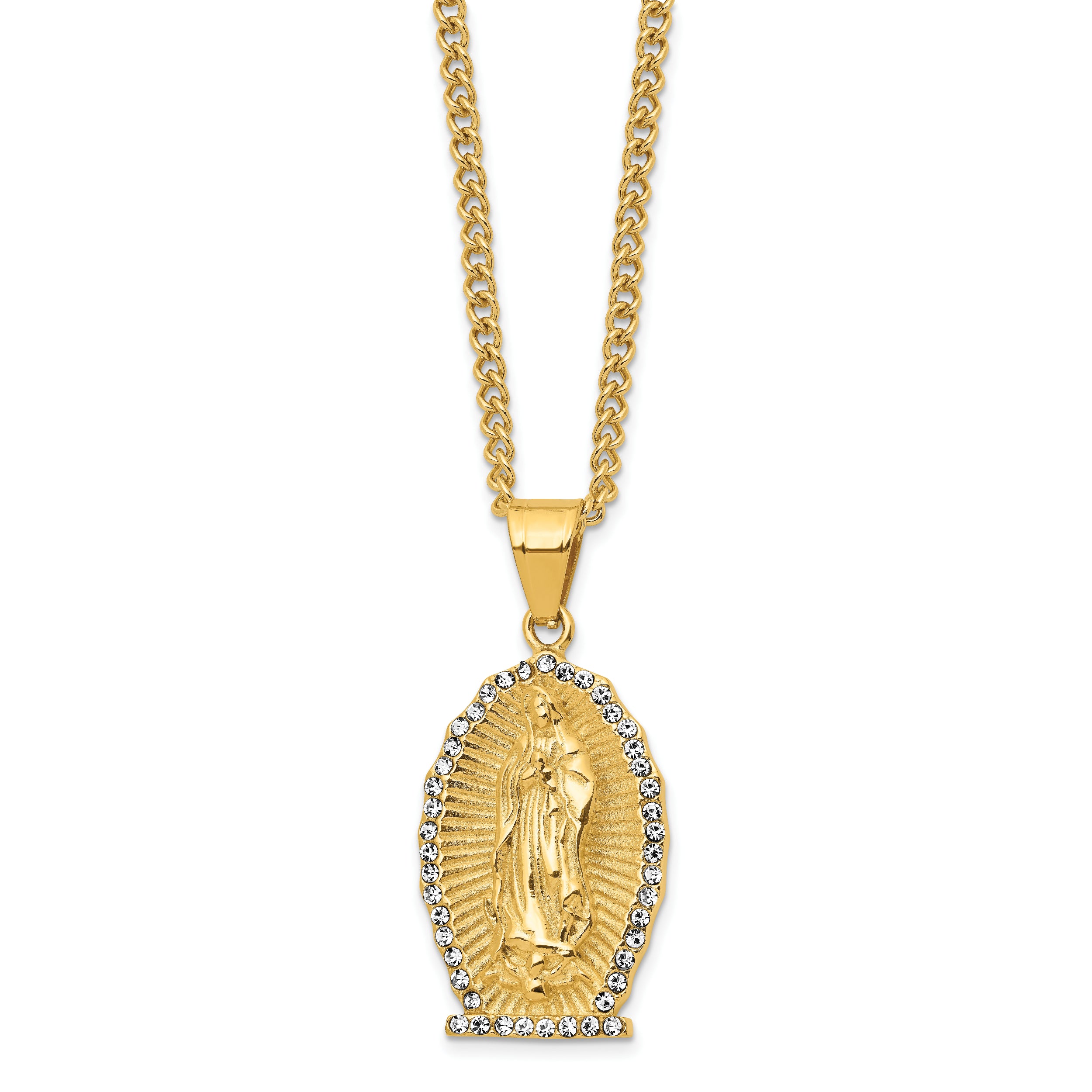 Chisel Stainless Steel Polished Yellow IP-plated with Crystal Our Lady of Guadalupe Pendant on a 24 inch Curb Chain Necklace