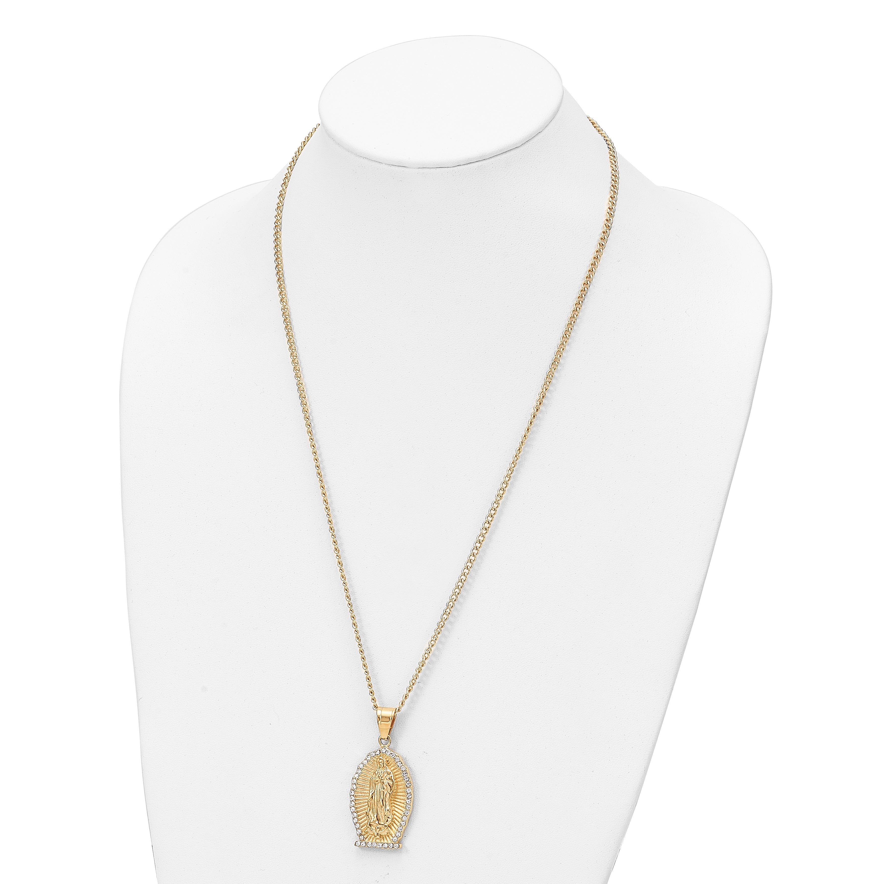 Chisel Stainless Steel Polished Yellow IP-plated with Crystal Our Lady of Guadalupe Pendant on a 24 inch Curb Chain Necklace