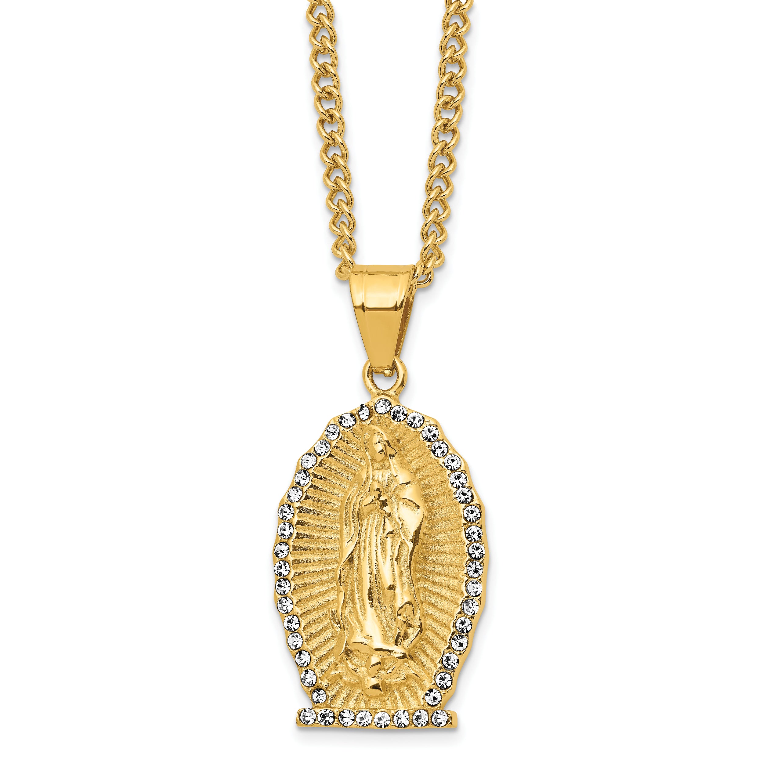 Chisel Stainless Steel Polished Yellow IP-plated with Crystal Our Lady of Guadalupe Pendant on a 24 inch Curb Chain Necklace