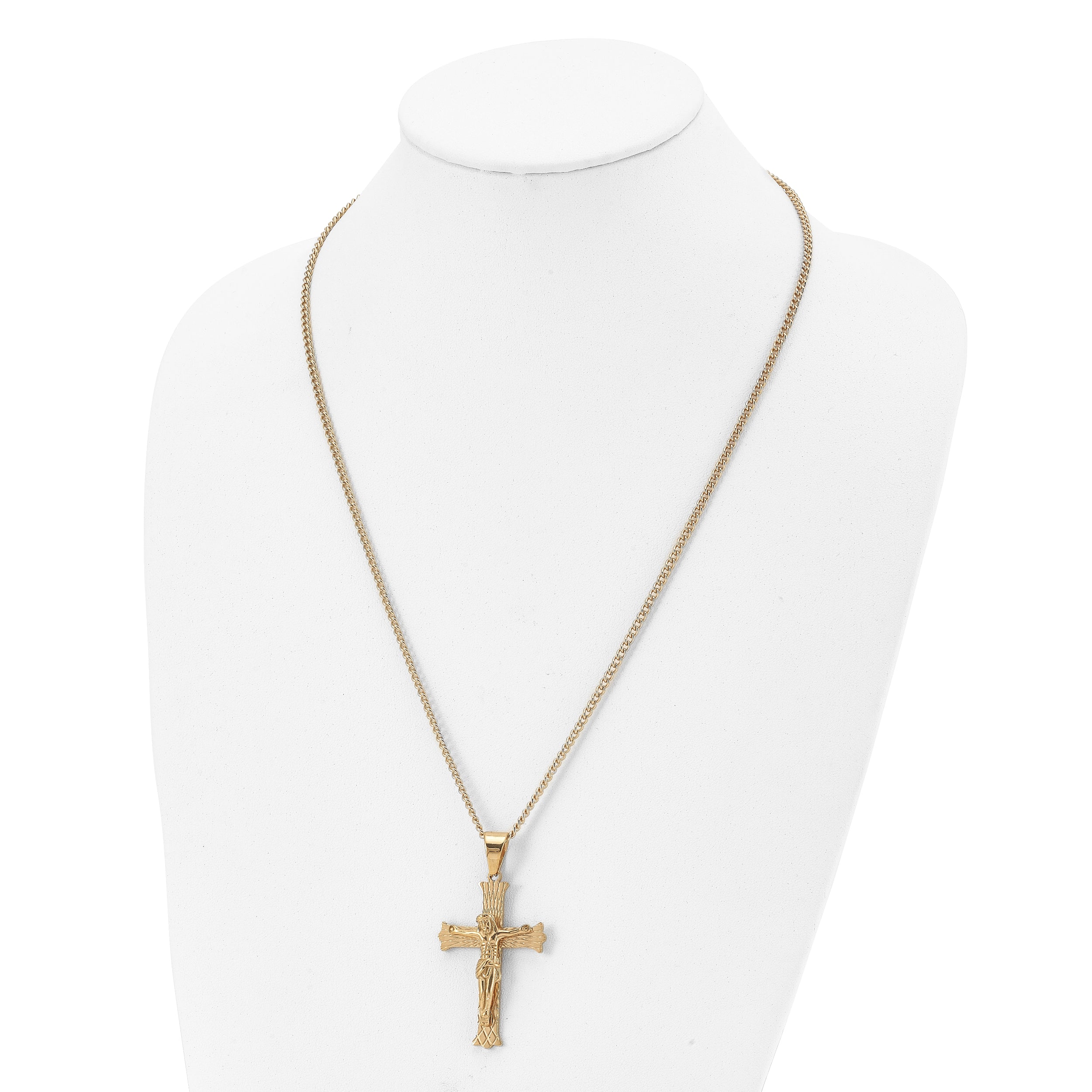 Chisel Stainless Steel Polished Yellow IP-plated Crucifix Pendant on a 24 inch Curb Chain Necklace