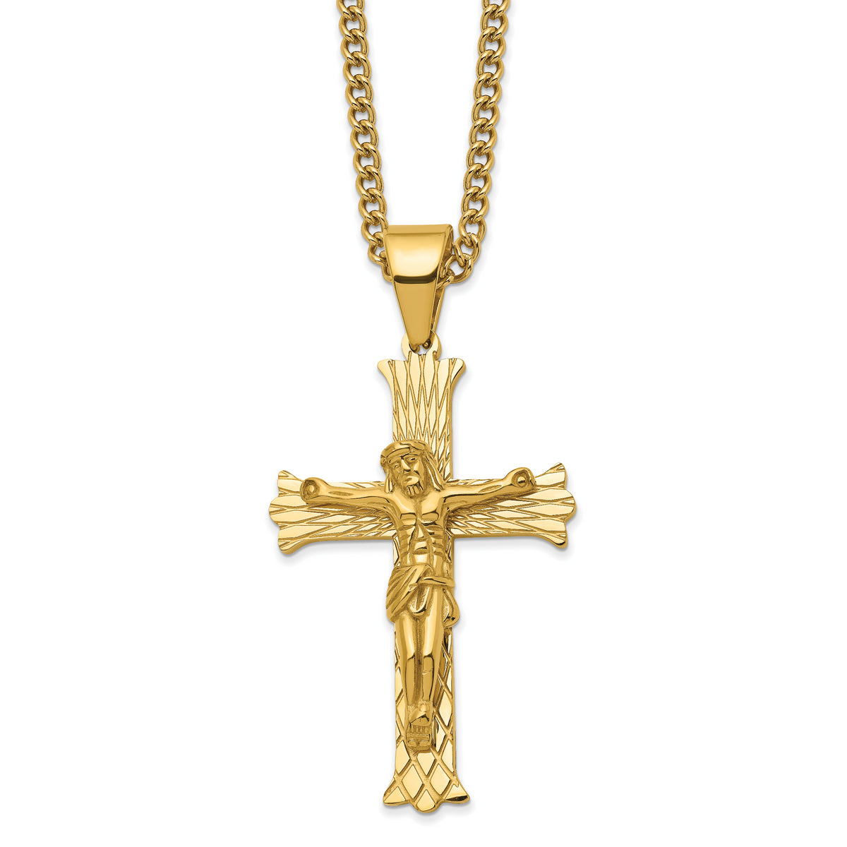 Chisel Stainless Steel Polished Yellow IP-plated Crucifix Pendant on a 24 inch Curb Chain Necklace