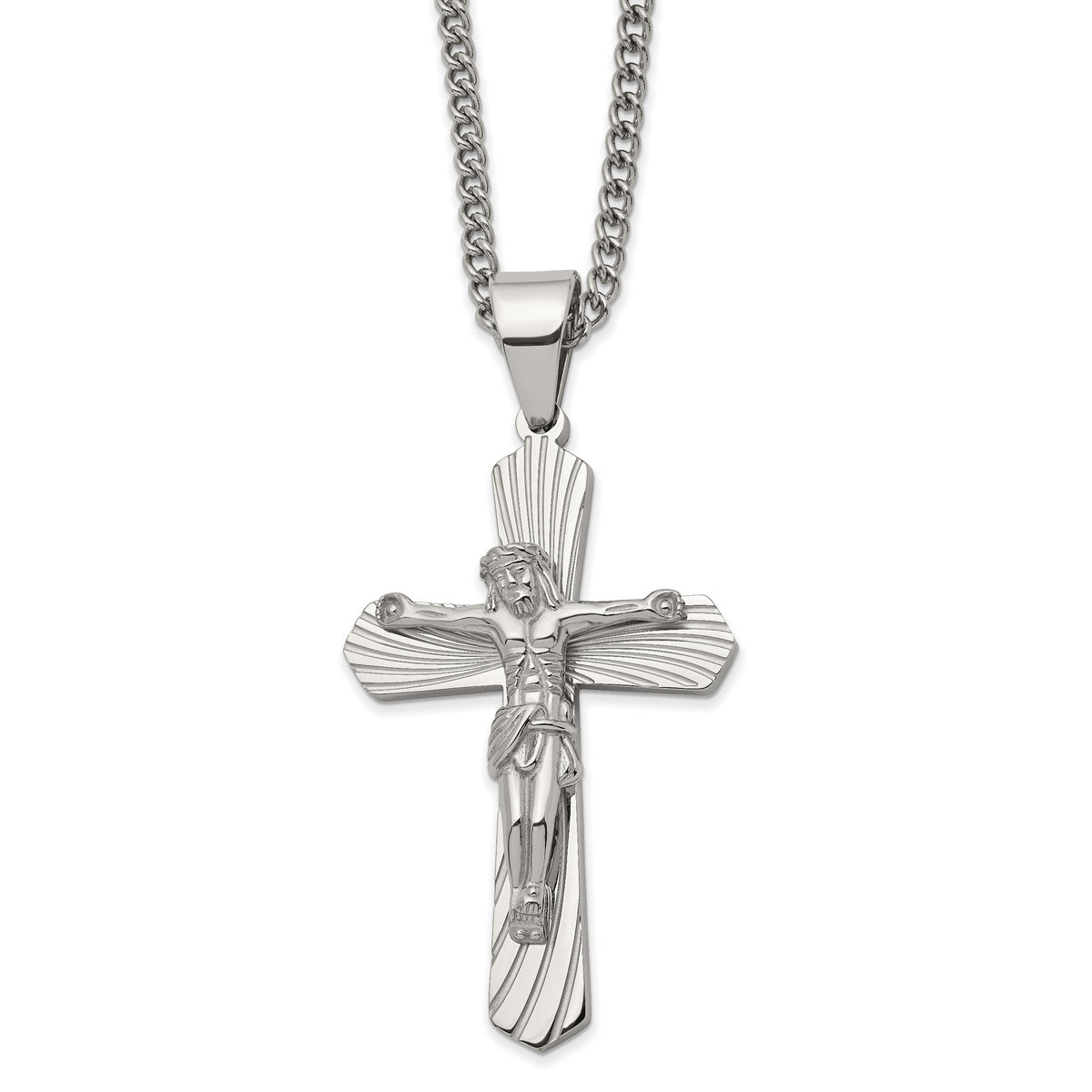 Chisel Stainless Steel Polished Crucifix Pendant on a 24 inch Curb Chain Necklace