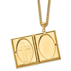 Chisel Stainless Steel Polished Yellow IP-plated Cross Bible Locket Pendant on a 24 inch Curb Chain Necklace