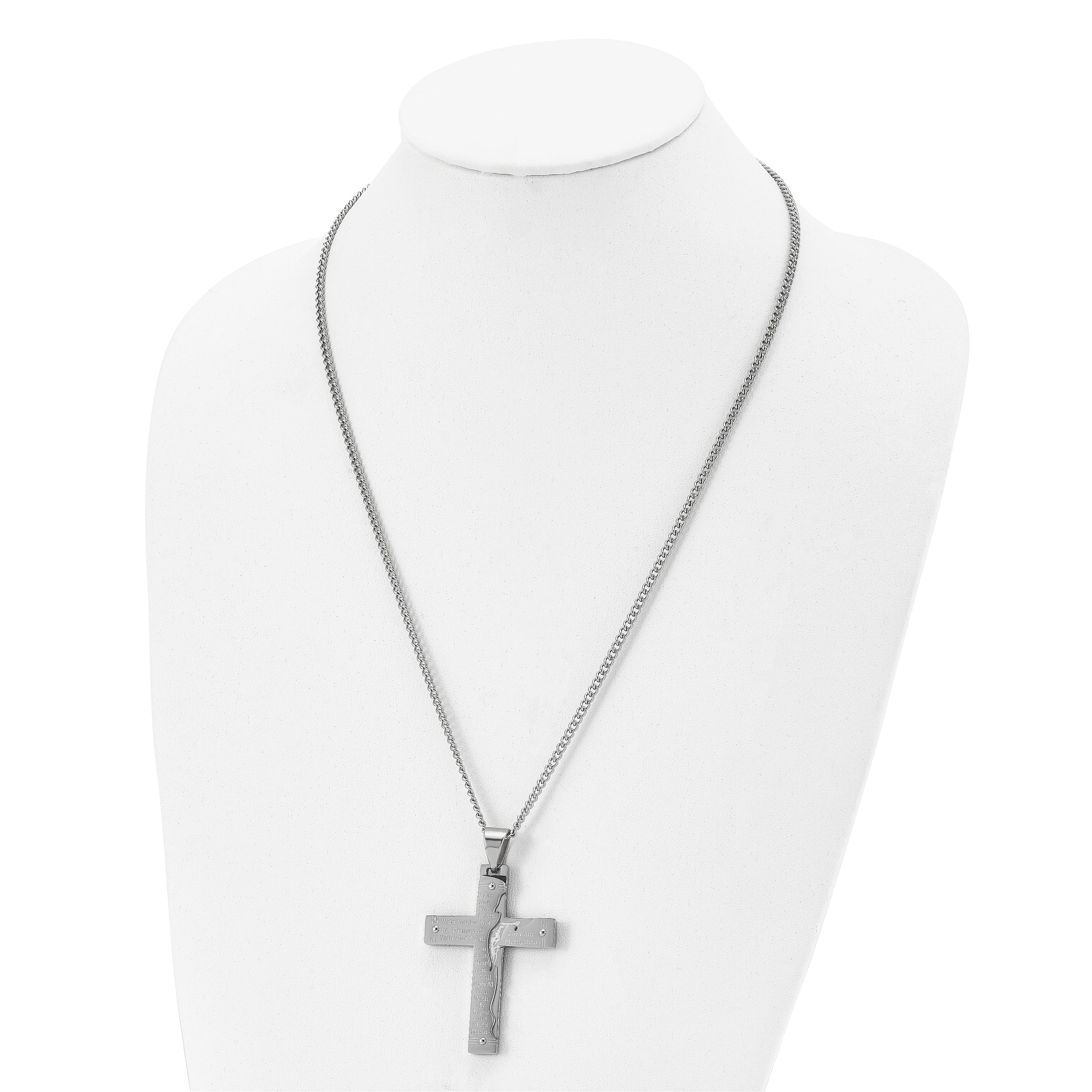 Chisel Stainless Steel Polished Etched Isaiah 41:10 Prayer Cross Pendant on a 24 inch Curb Chain Necklace