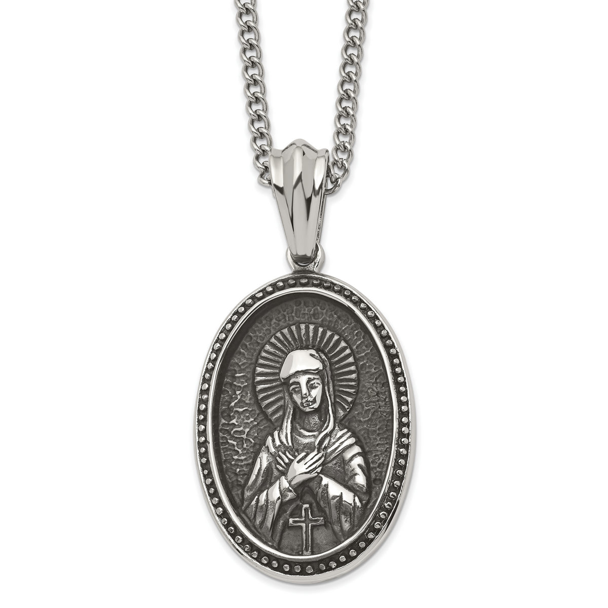 Chisel Stainless Steel Antiqued and Polished Our Lady of Guadalupe Pendant on a 24 inch Cable Chain Necklace