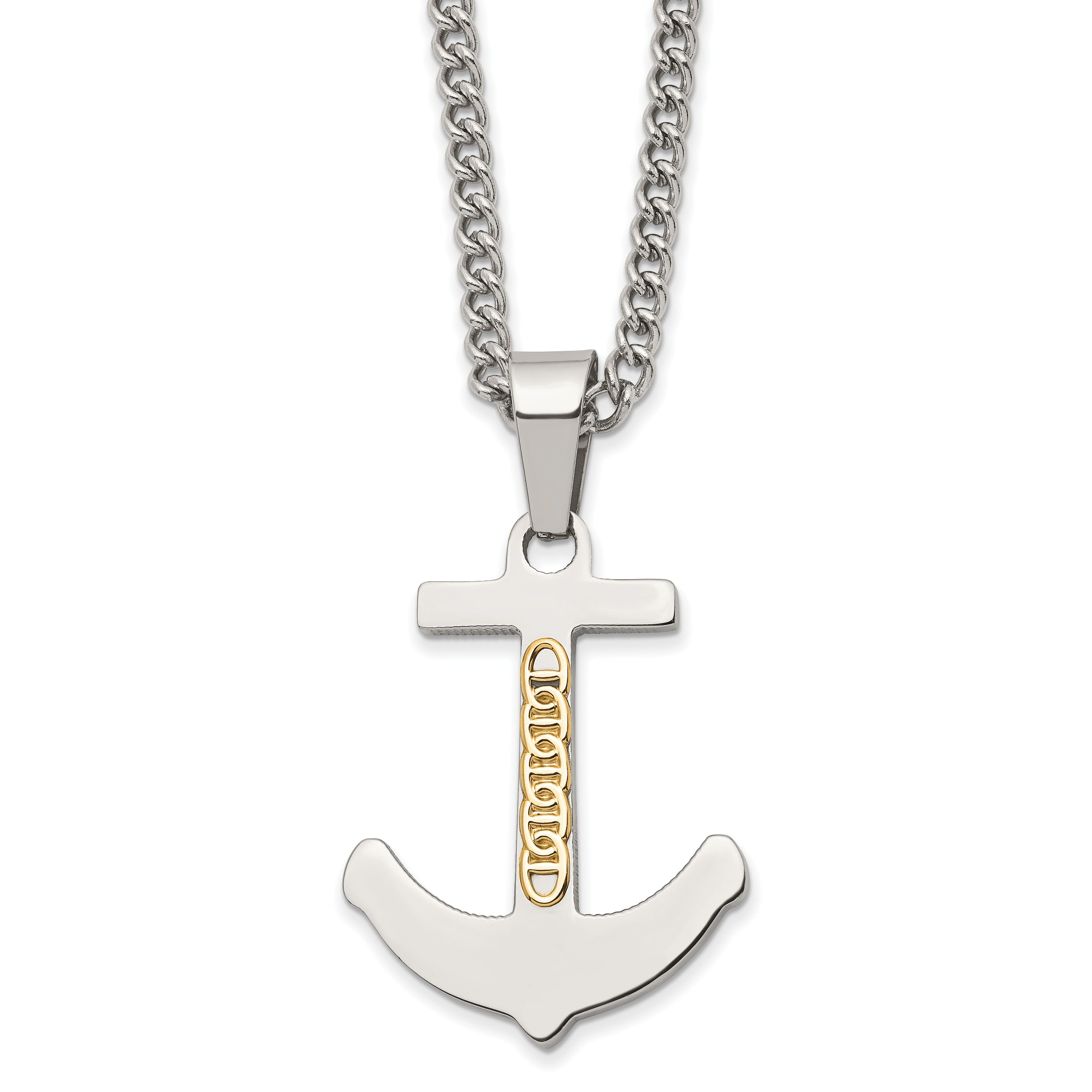 Stainless Steel Polished w/14k Accent Anchor 24in Necklace