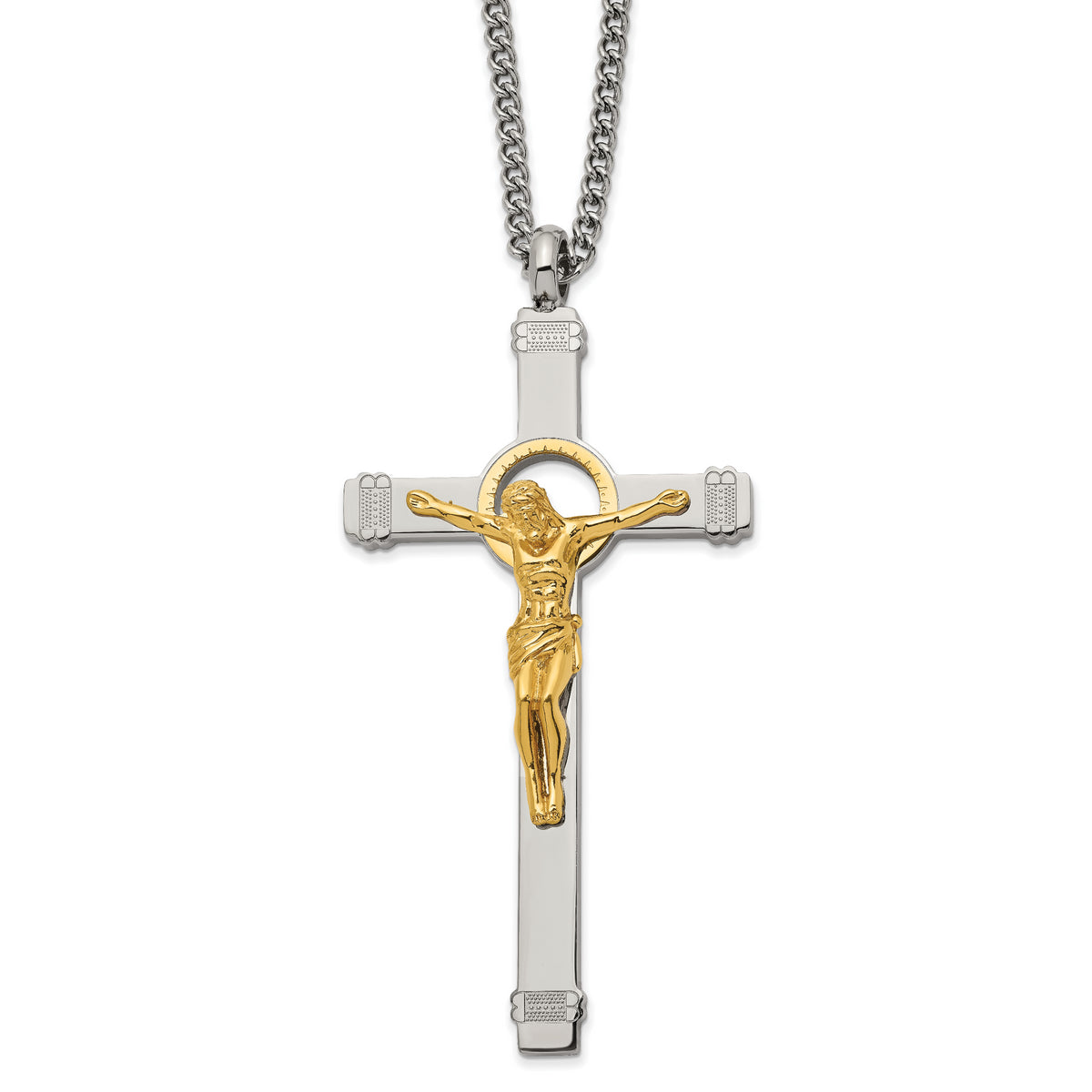 Chisel Stainless Steel Polished Yellow IP-plated Crucifix Pendant on a 24 inch Curb Chain Necklace