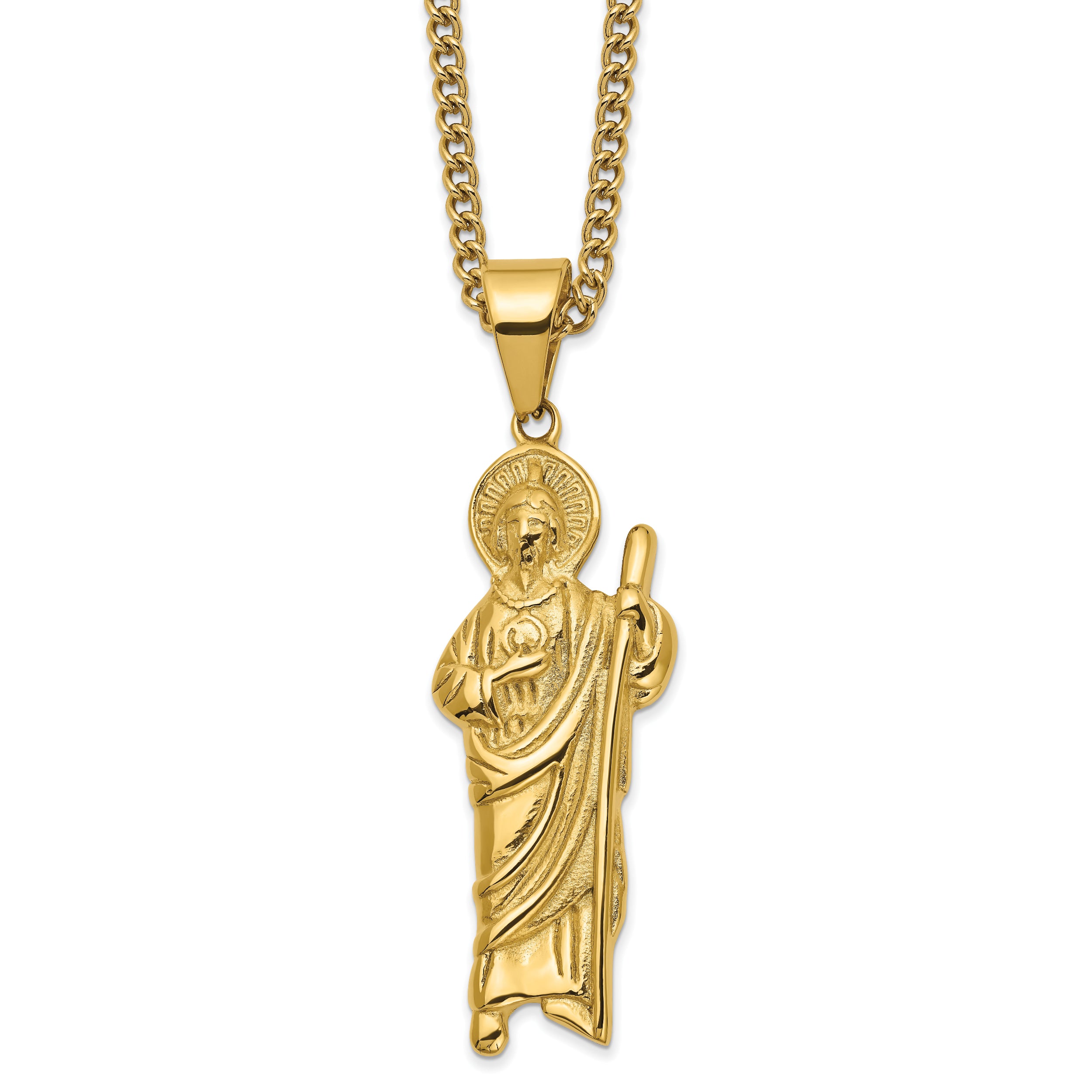 Chisel Stainless Steel Polished Yellow IP-plated Saint Jude Pendant on a 24 inch Curb Chain Necklace