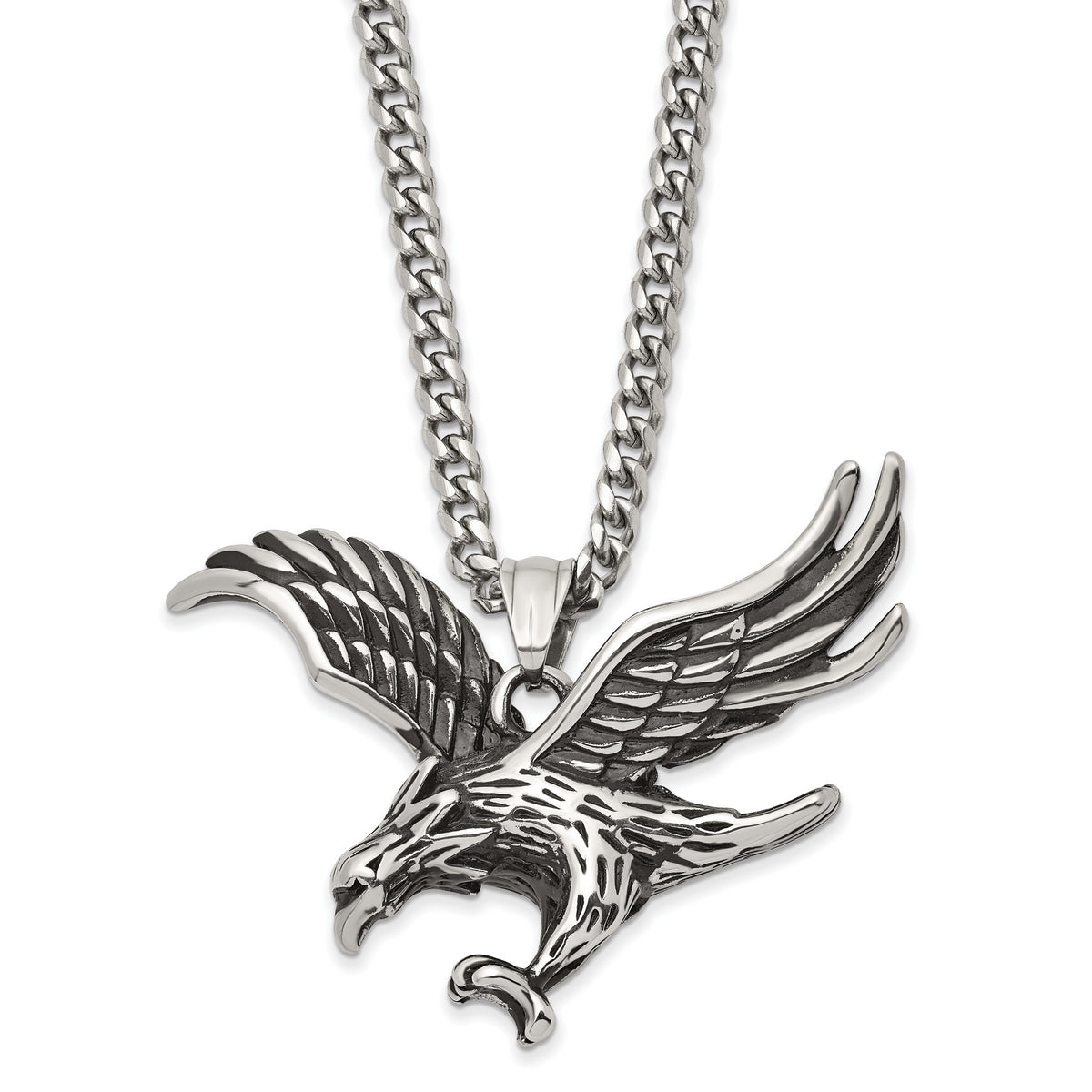 Chisel Stainless Steel Antiqued and Polished Eagle Pendant on a 24 inch Curb Chain Necklace