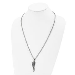 Chisel Stainless Steel Antiqued and Polished with Black Crystal Wing Pendant on a 25.5 inch Cable Chain Necklace