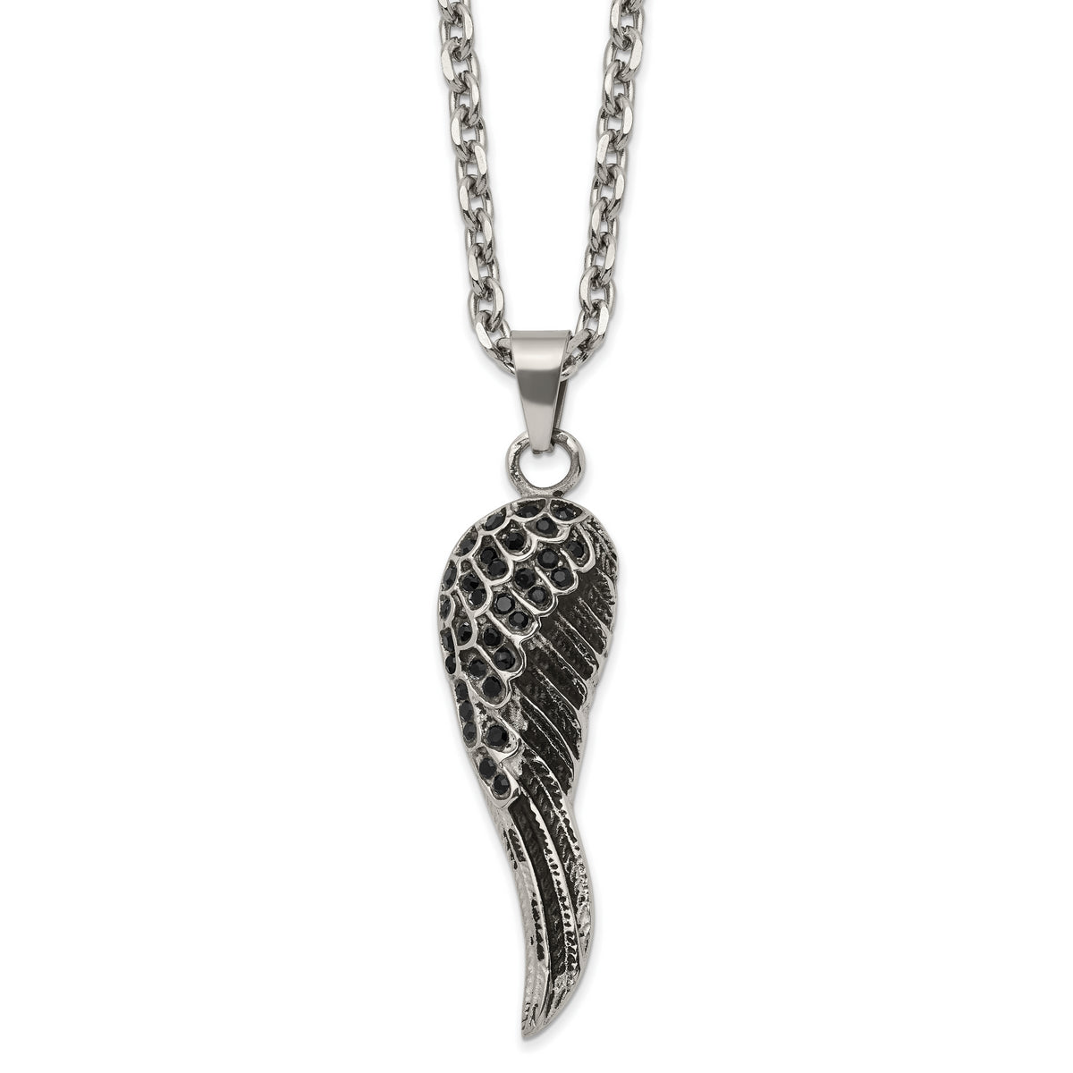 Chisel Stainless Steel Antiqued and Polished with Black Crystal Wing Pendant on a 25.5 inch Cable Chain Necklace