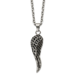 Chisel Stainless Steel Antiqued and Polished with Black Crystal Wing Pendant on a 25.5 inch Cable Chain Necklace