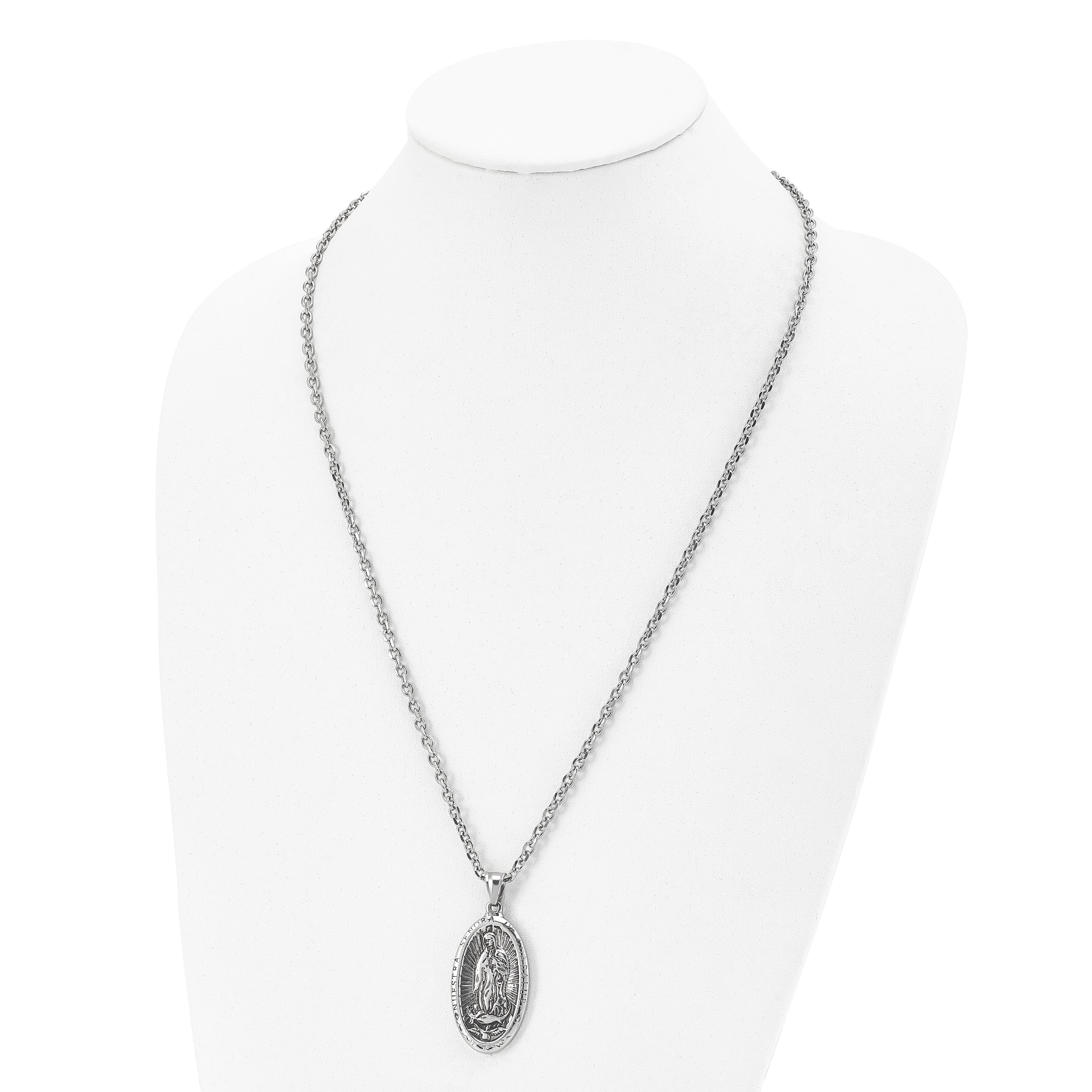 Chisel Stainless Steel Antiqued and Polished Spanish Lady of Guadalupe Pendant on a 24 inch Cable Chain Necklace