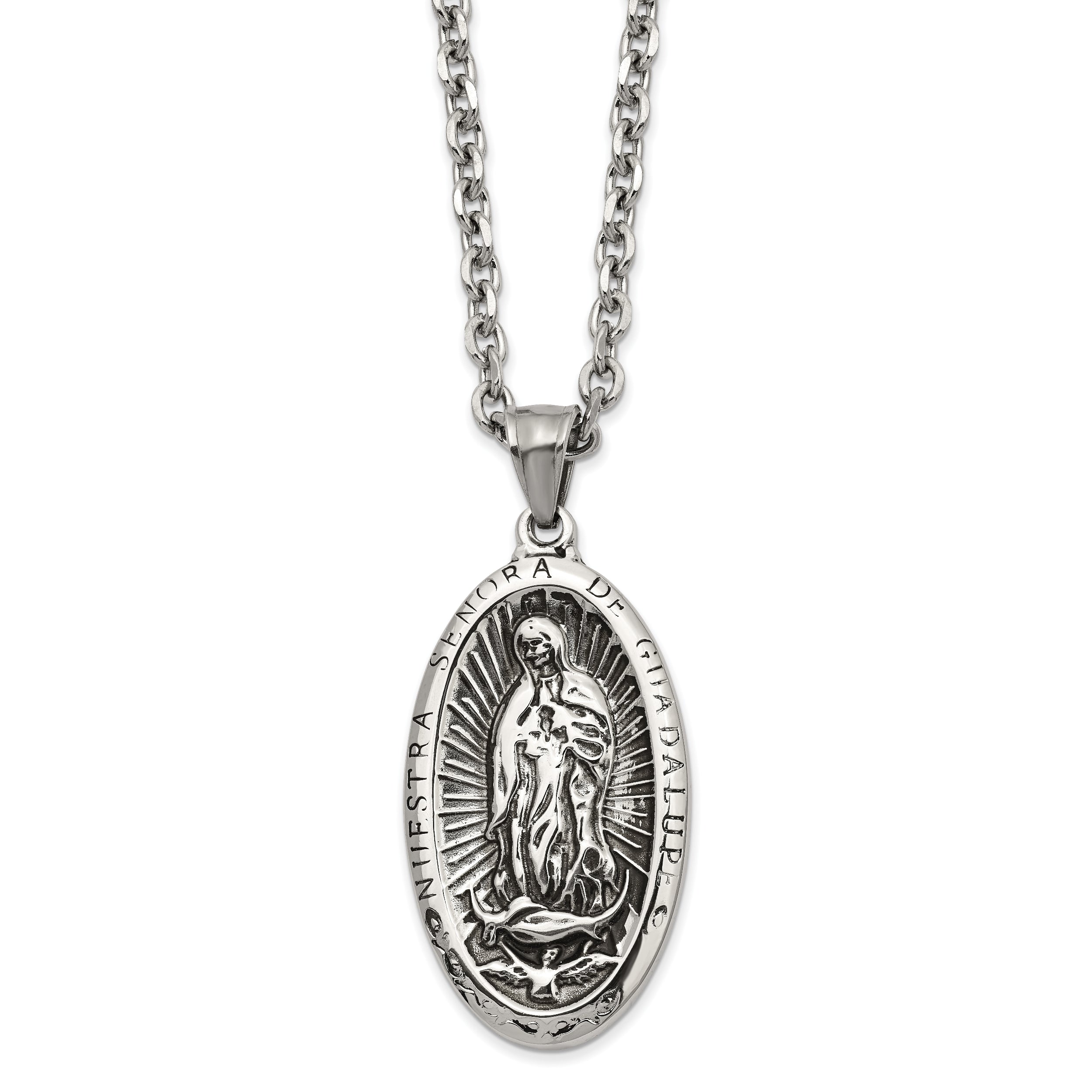 Chisel Stainless Steel Antiqued and Polished Spanish Lady of Guadalupe Pendant on a 24 inch Cable Chain Necklace