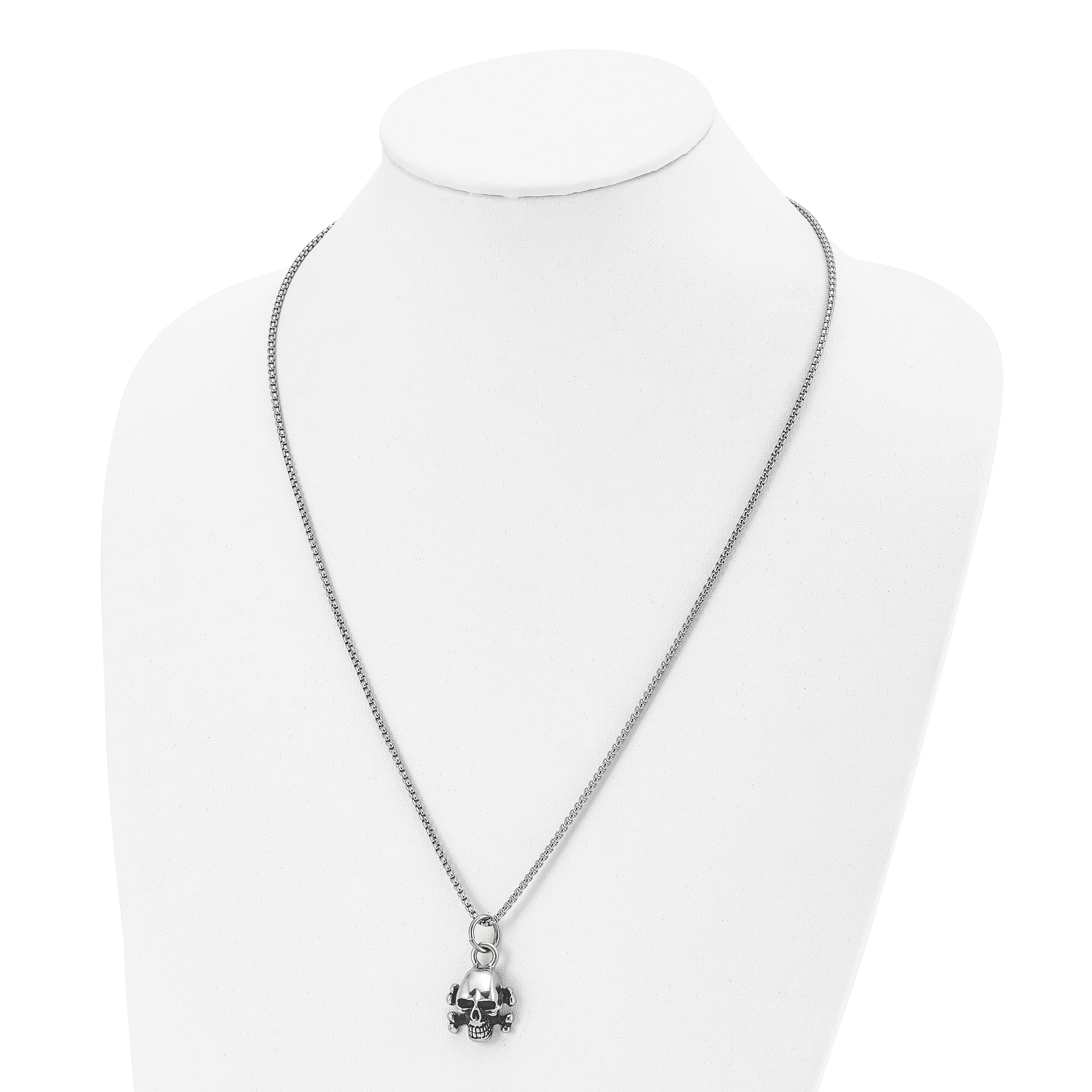 Chisel Stainless Steel Antiqued and Polished Skull and Cross Bones Pendant on a 24 inch Box Chain Necklace