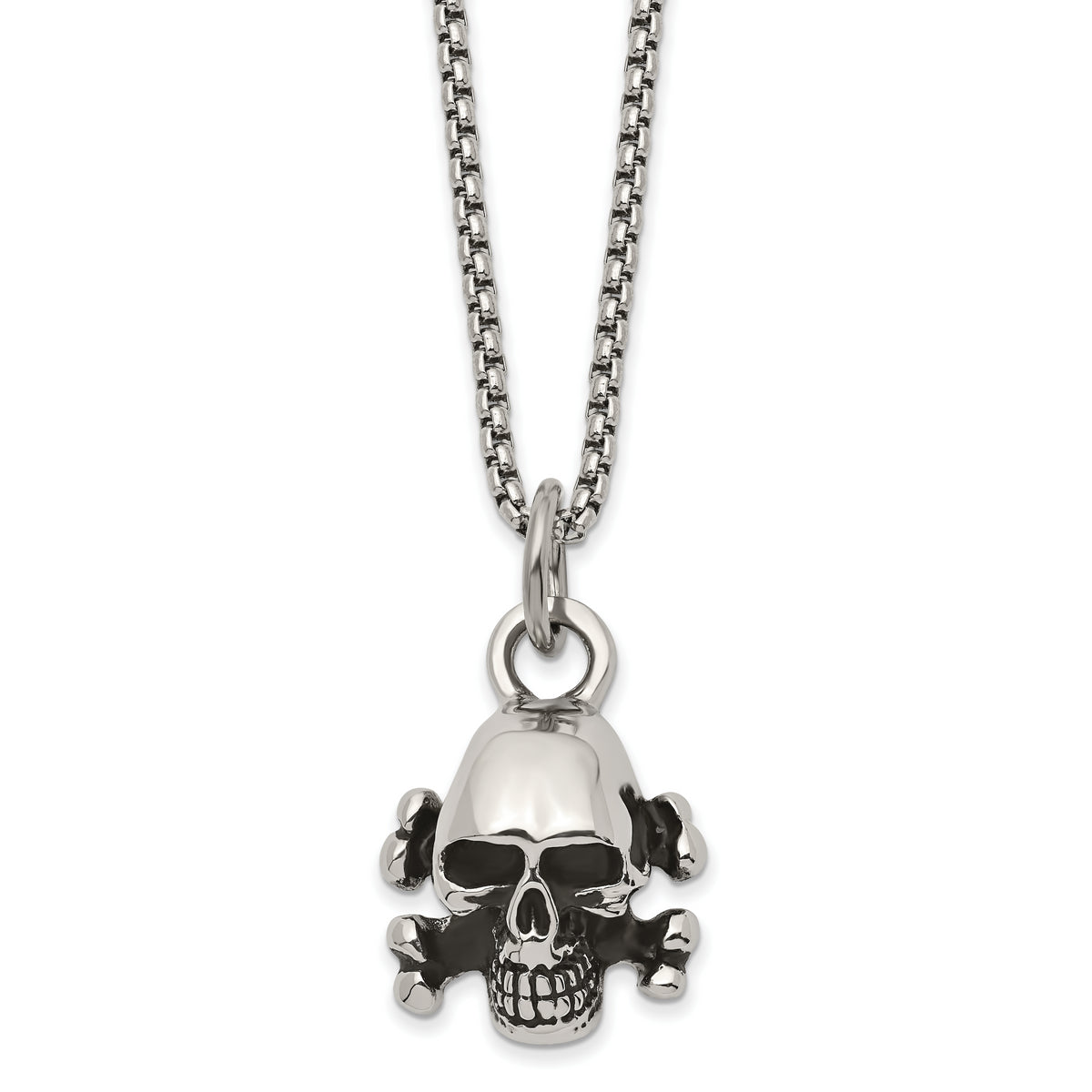 Chisel Stainless Steel Antiqued and Polished Skull and Cross Bones Pendant on a 24 inch Box Chain Necklace