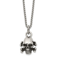 Chisel Stainless Steel Antiqued and Polished Skull and Cross Bones Pendant on a 24 inch Box Chain Necklace