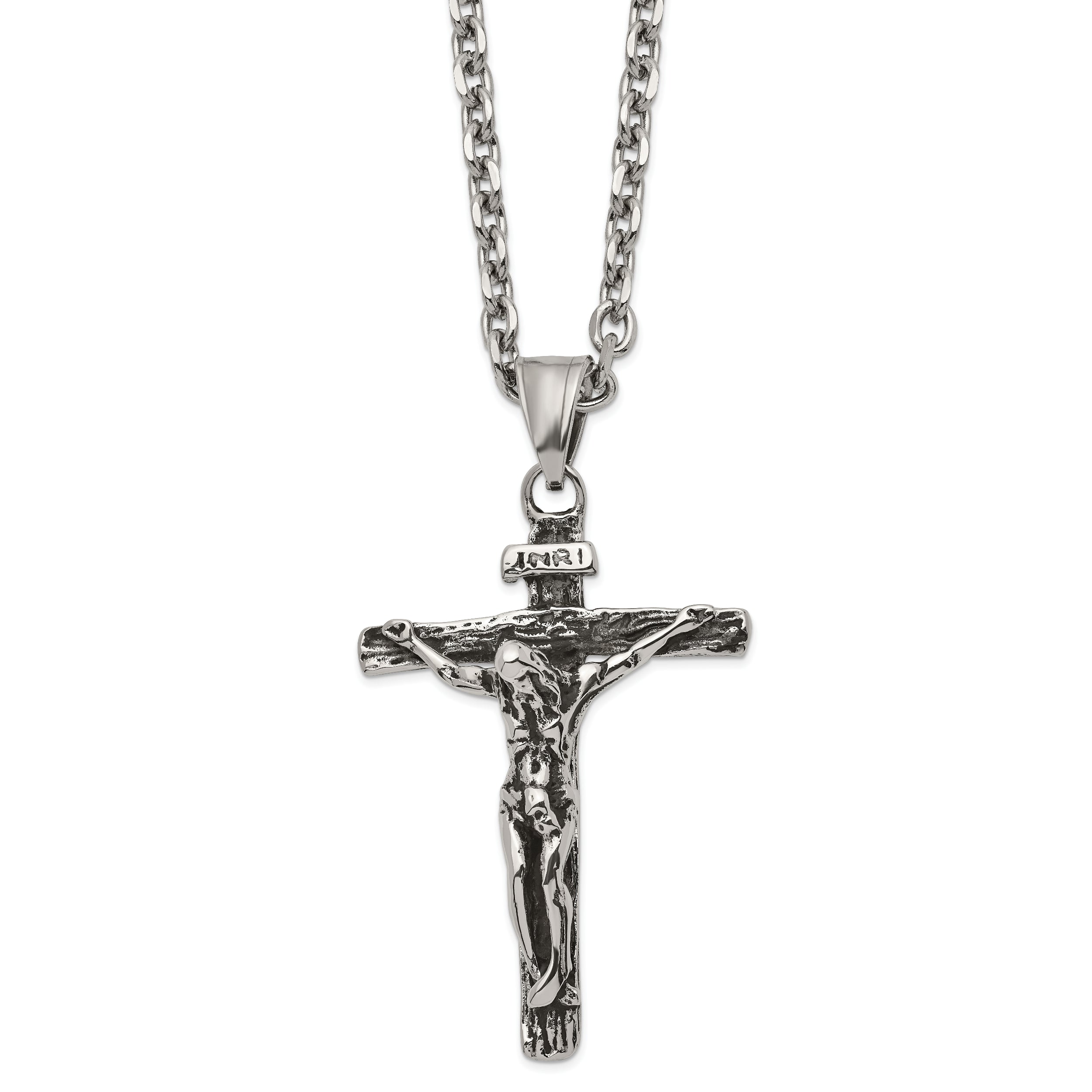 Chisel Stainless Steel Antiqued and Polished INRI Crucifix Pendant on a 24 inch Cable Chain Necklace