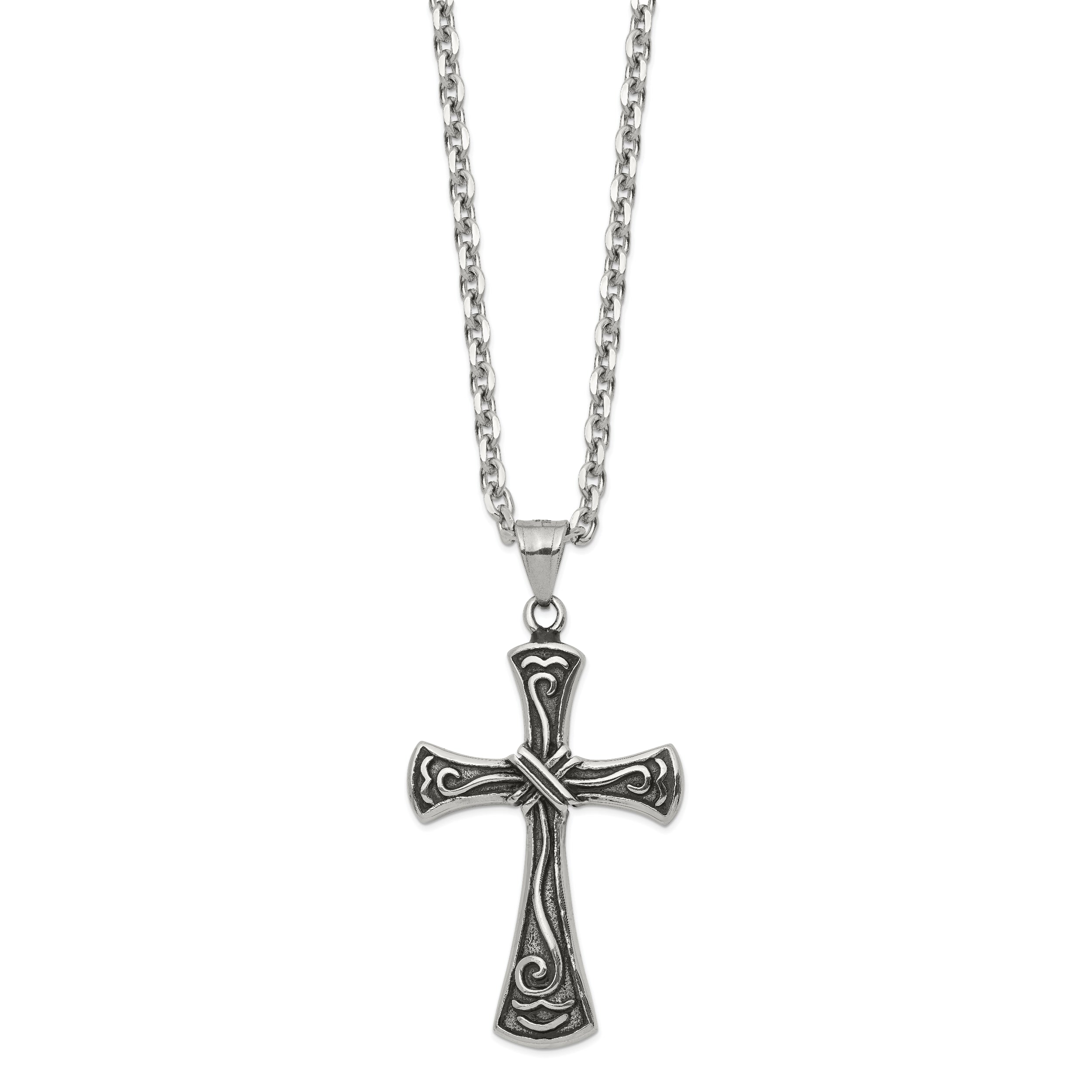 Chisel Stainless Steel Antiqued and Polished Swirl Design Cross Pendant on a 25.5 inch Cable Chain Necklace