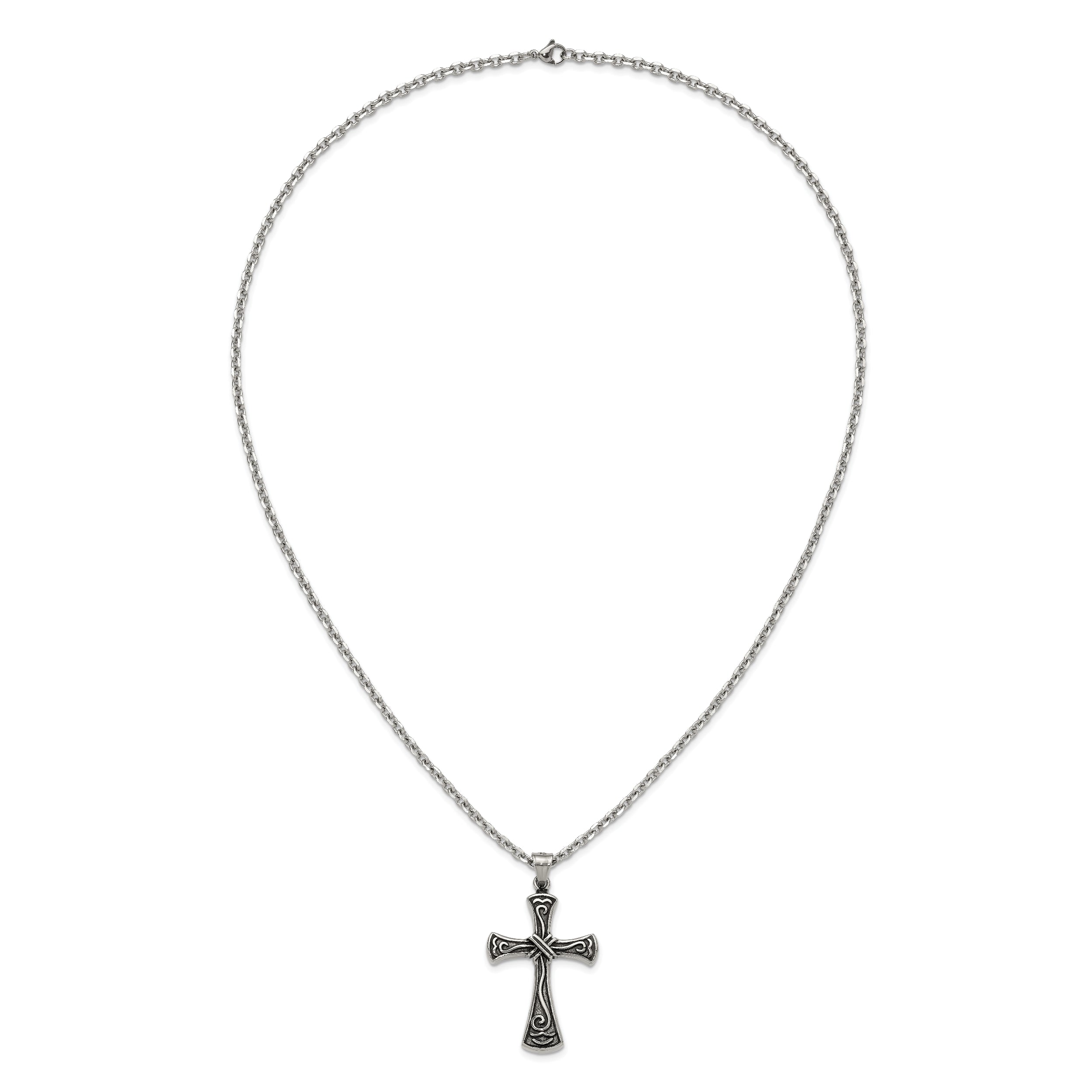 Chisel Stainless Steel Antiqued and Polished Swirl Design Cross Pendant on a 25.5 inch Cable Chain Necklace