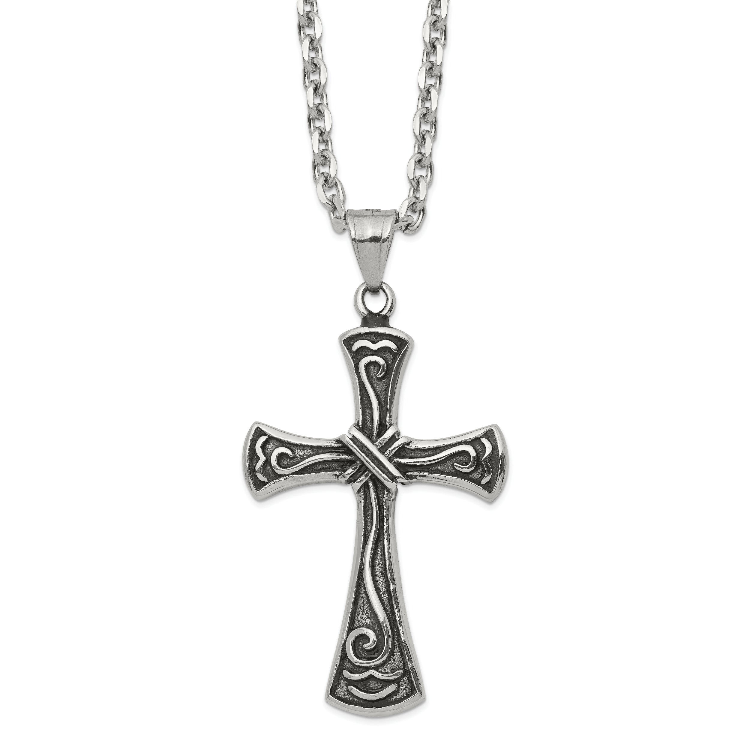 Chisel Stainless Steel Antiqued and Polished Swirl Design Cross Pendant on a 25.5 inch Cable Chain Necklace