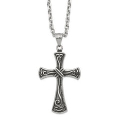 Chisel Stainless Steel Antiqued and Polished Swirl Design Cross Pendant on a 25.5 inch Cable Chain Necklace