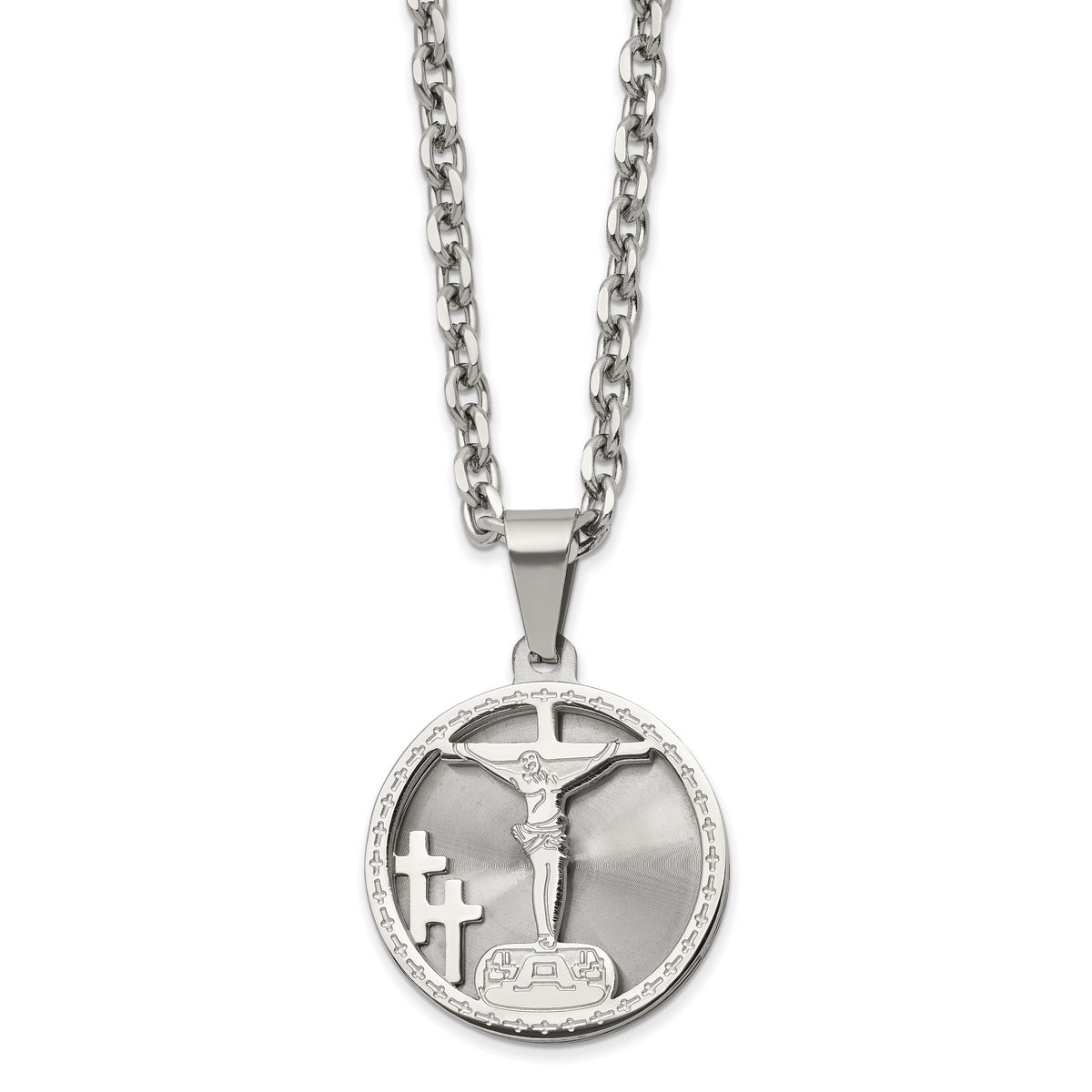 Chisel Stainless Steel Polished Laser Cut Crucifix Pendant on a 25.5 inch Cable Chain Necklace