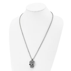 Chisel Stainless Steel Polished and Antiqued with Black Crystal Skull Pendant on a 25.5 inch Cable Chain Necklace