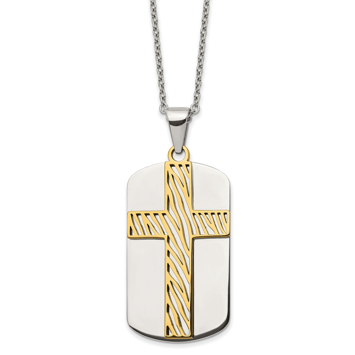 Chisel Stainless Steel Polished Yellow IP-plated 2 Piece Cut Out Stripes Cross Dog Tag on a 24 inch Cable Chain Necklace