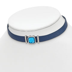 Stainless Steel Polished Blue Leather w/Crystal 13in w/1.75in ext Choker