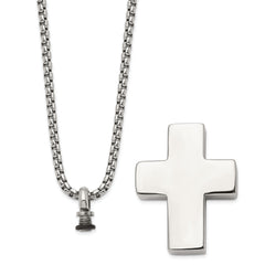 Chisel Stainless Steel Brushed and Polished Reversible Cross Ash Holder on a 24 inch Box Chain Necklace