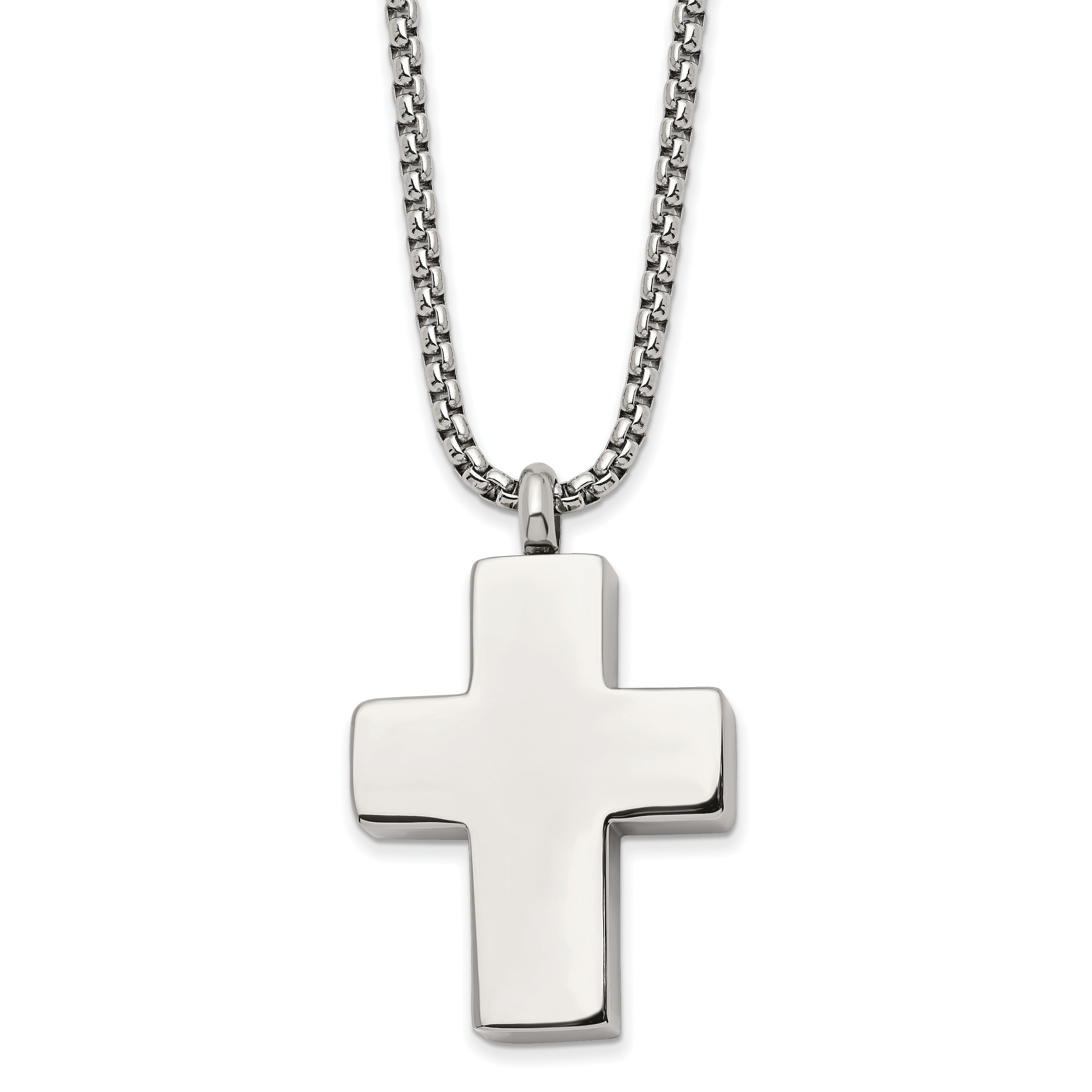 Chisel Stainless Steel Brushed and Polished Reversible Cross Ash Holder on a 24 inch Box Chain Necklace