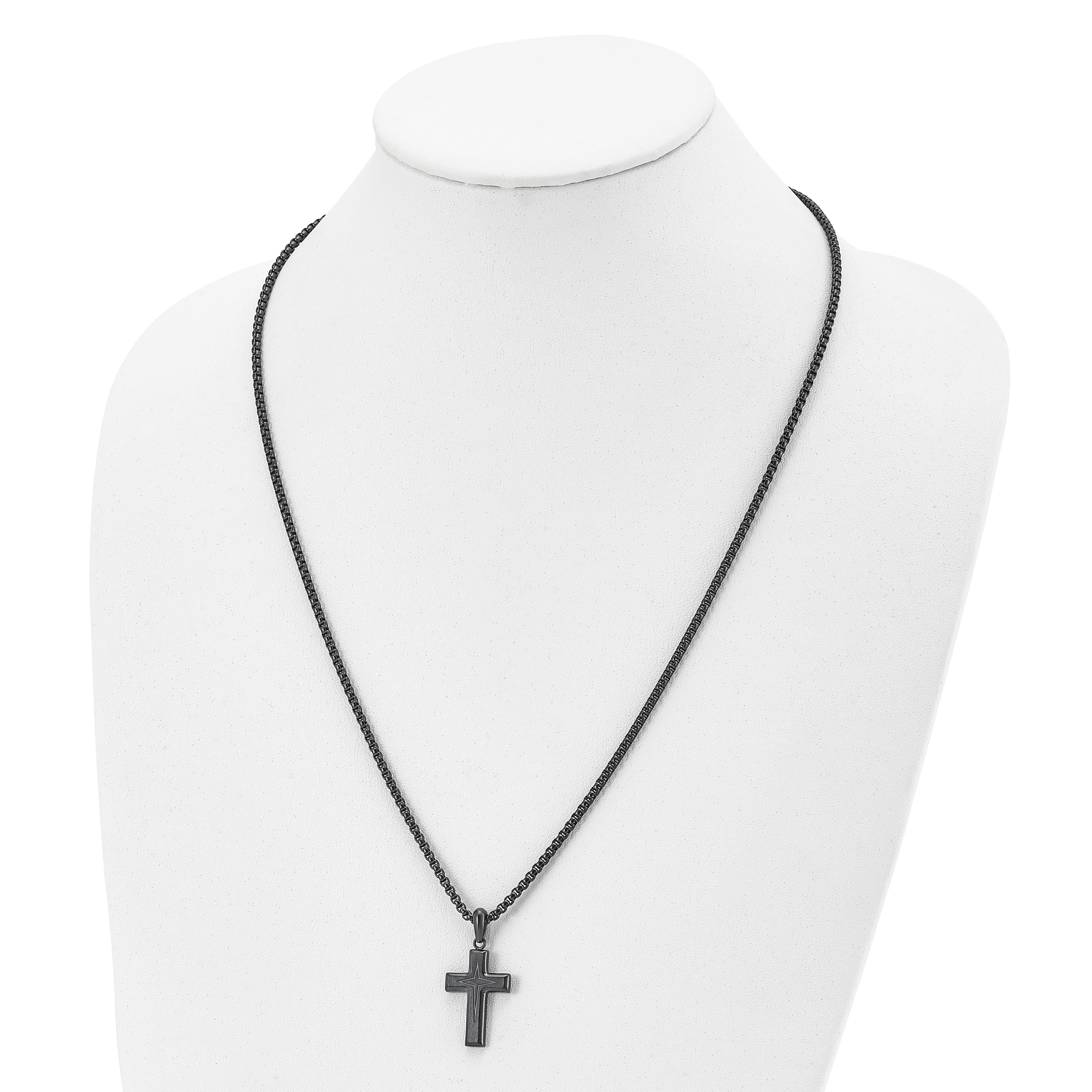 Chisel Stainless Steel Brushed and Polished Dark Grey IP-plated Cross Pendant on a 24 inch Box Chain Necklace