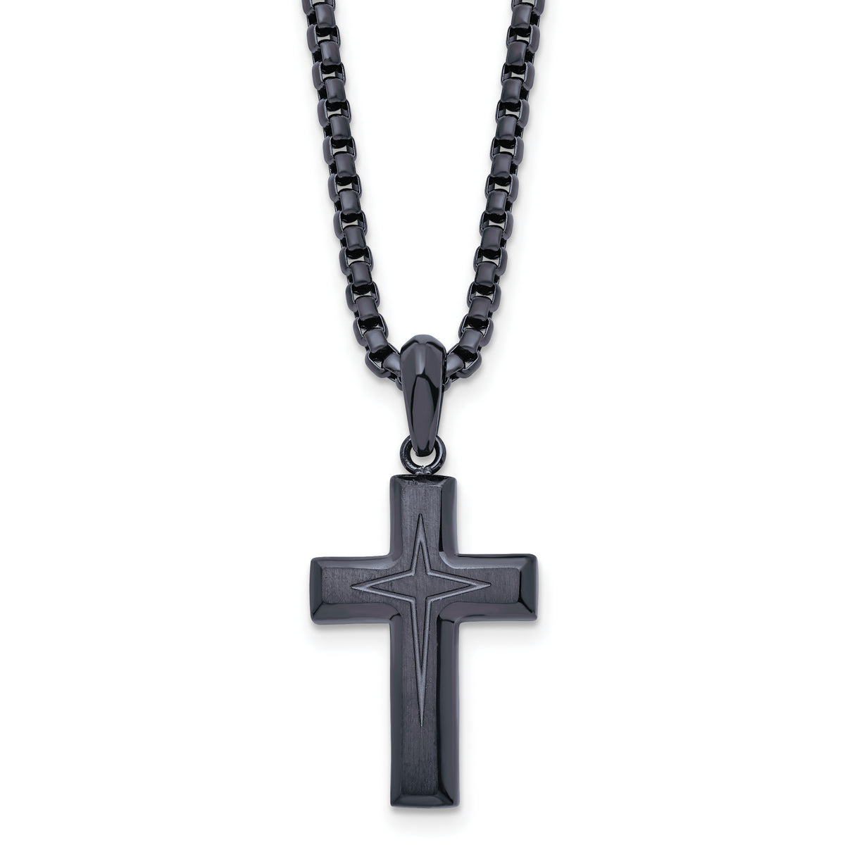 Chisel Stainless Steel Brushed and Polished Dark Grey IP-plated Cross Pendant on a 24 inch Box Chain Necklace