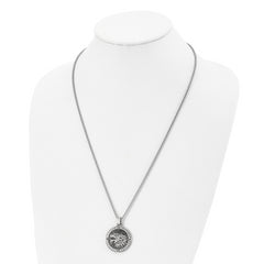 Chisel Stainless Steel Antiqued with Black CZ Chimera Pendant on a 24 inch Box Chain Necklace