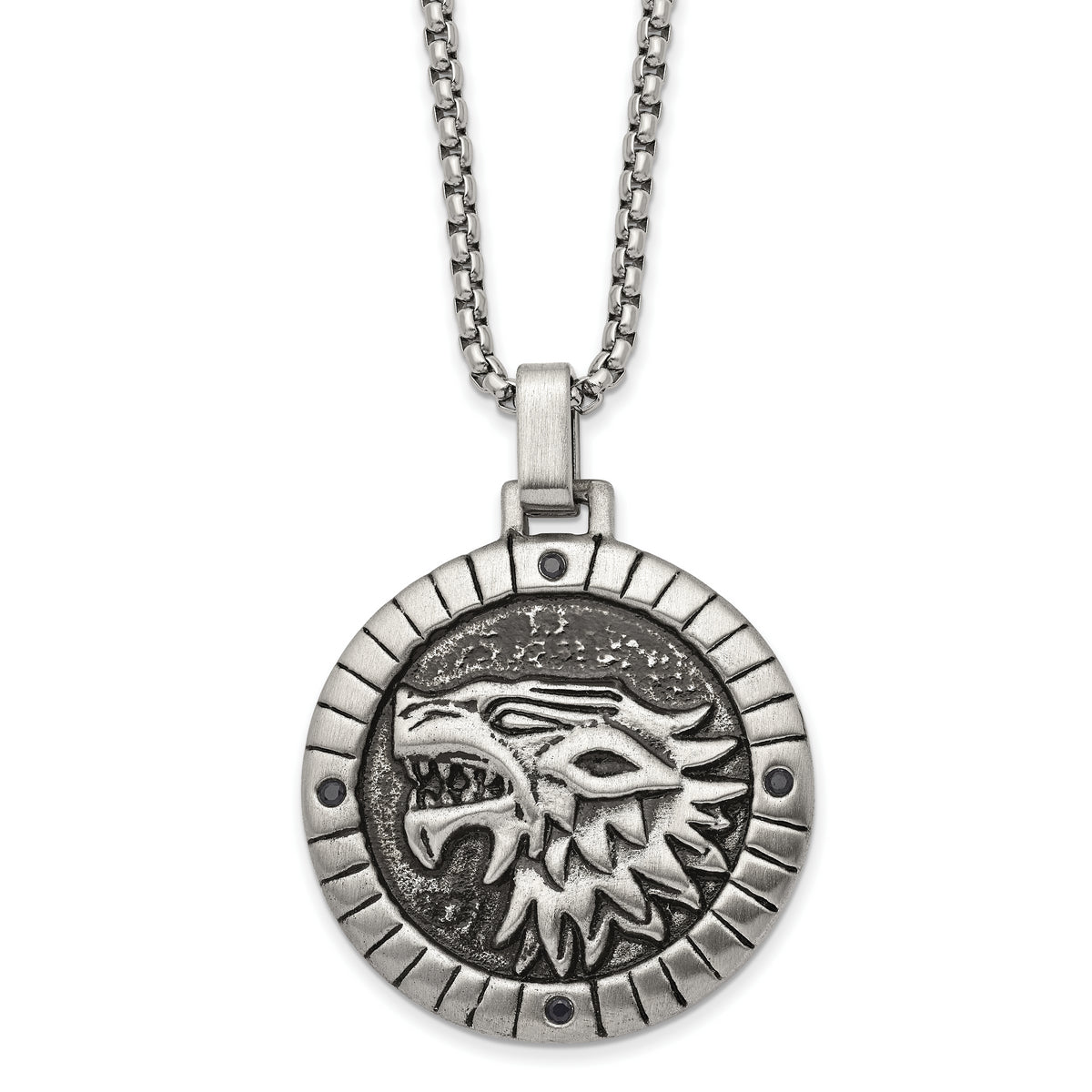 Chisel Stainless Steel Antiqued with Black CZ Chimera Pendant on a 24 inch Box Chain Necklace