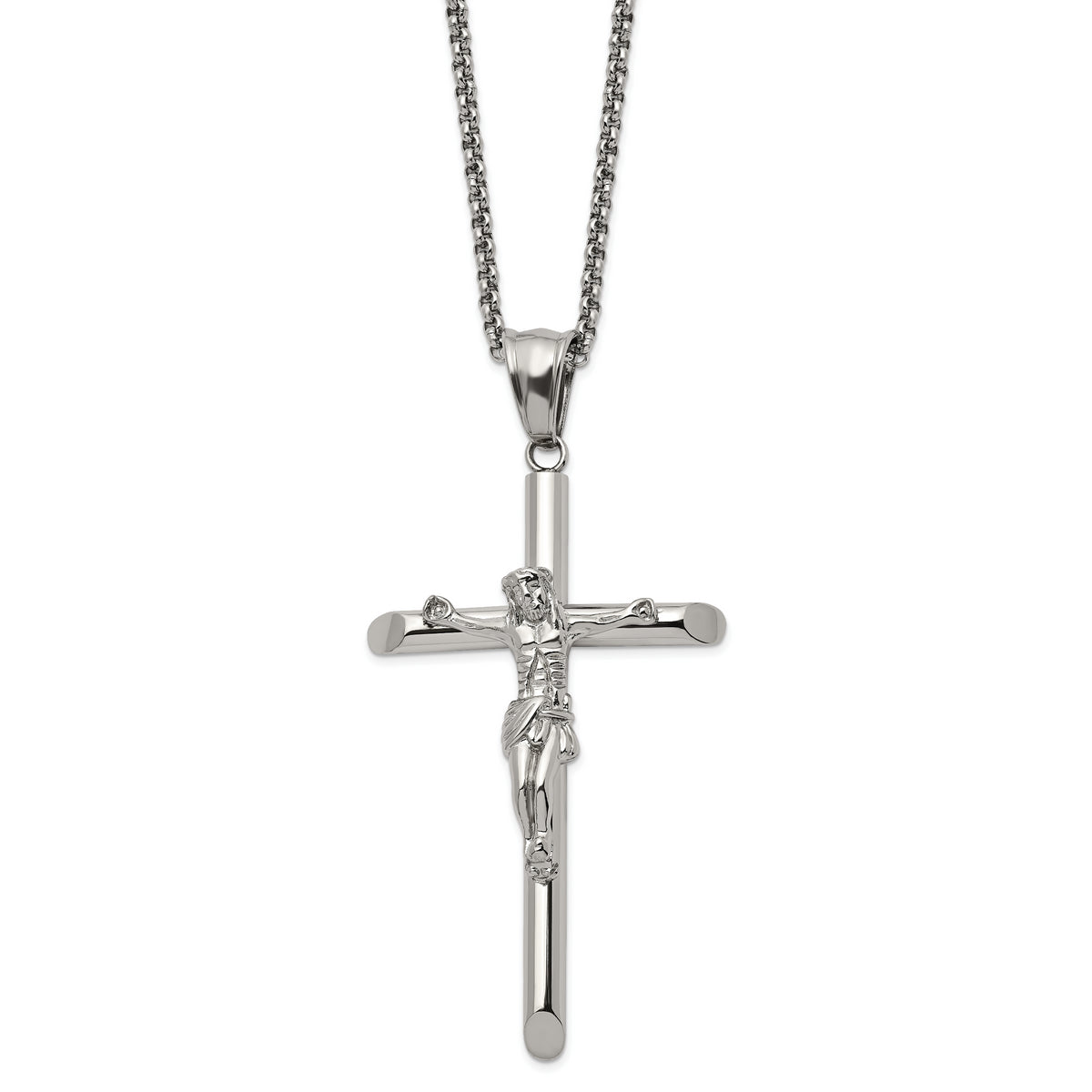 Chisel Stainless Steel Polished Large Crucifix Pendant on a 22 inch Box Chain Necklace