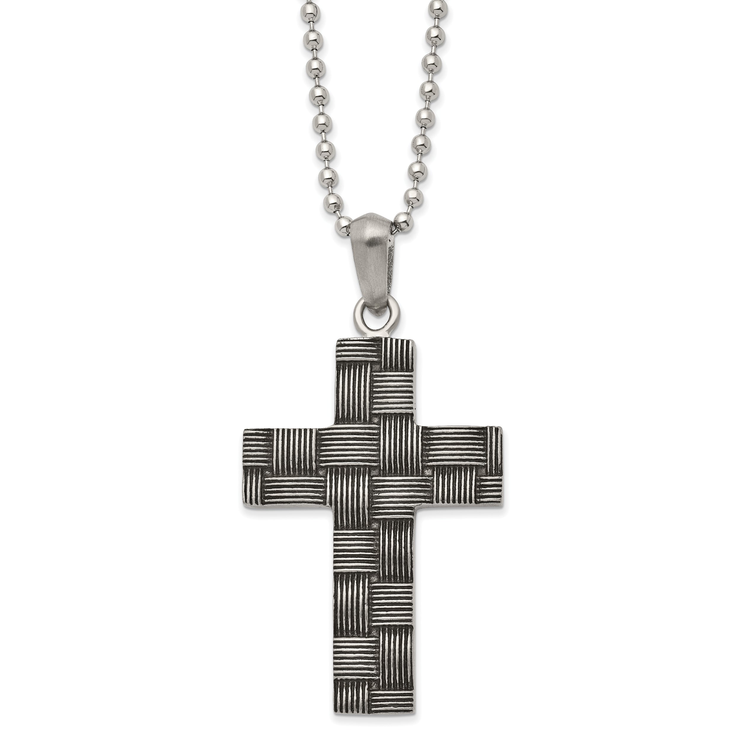 Chisel Stainless Steel Antiqued and Polished Basket Weave Design Cross Pendant on a 22 inch Ball Chain Necklace