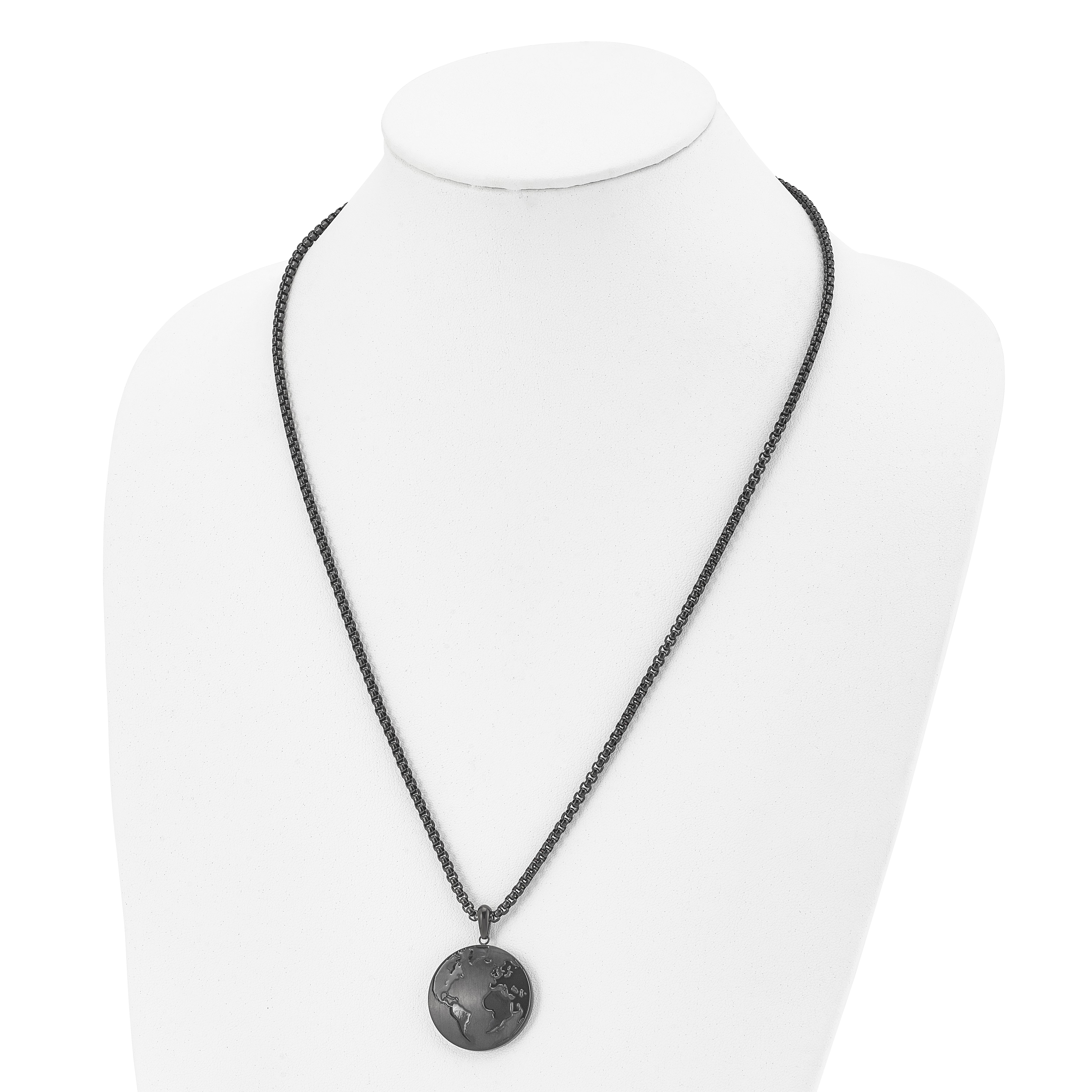 Chisel Stainless Steel Antiqued Brushed and Polished Black IP-plated Earth Pendant on a 24 inch Box Chain Necklace