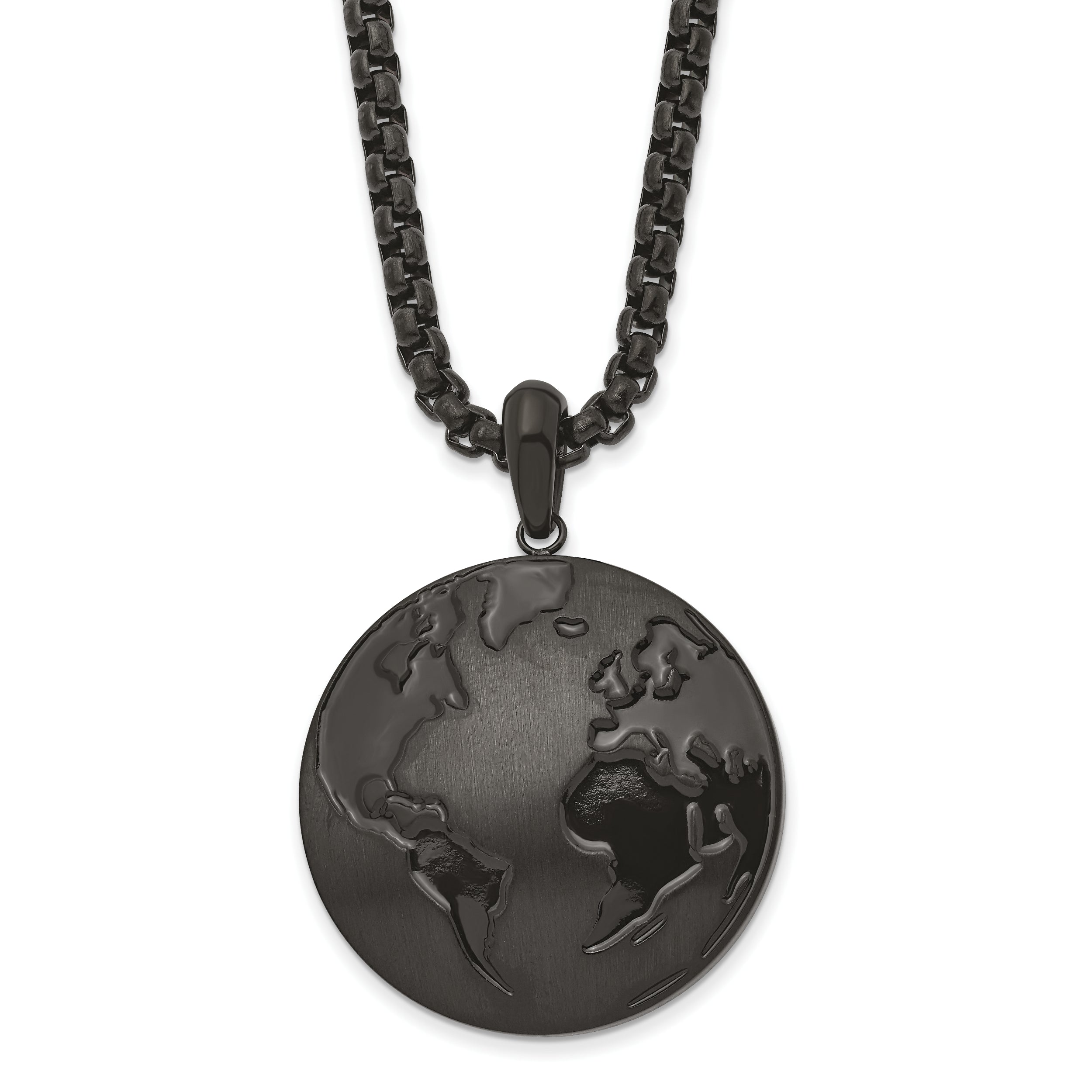 Chisel Stainless Steel Antiqued Brushed and Polished Black IP-plated Earth Pendant on a 24 inch Box Chain Necklace