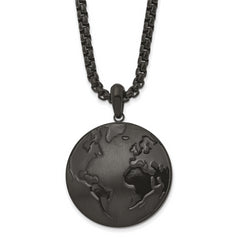 Chisel Stainless Steel Antiqued Brushed and Polished Black IP-plated Earth Pendant on a 24 inch Box Chain Necklace