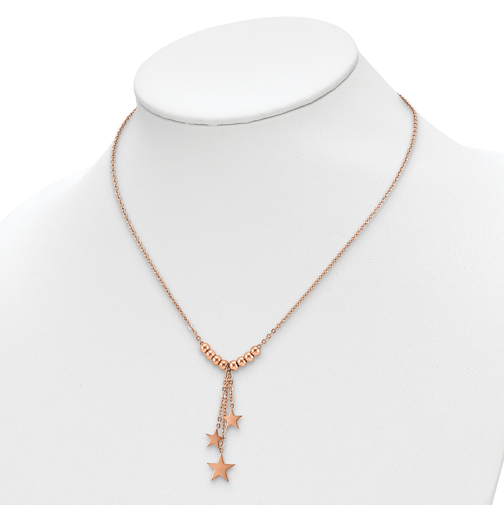 Chisel Stainless Steel Polished Rose IP-plated Stars on a 16 inch Cable Chain with a 1.75 inch Extension Necklace