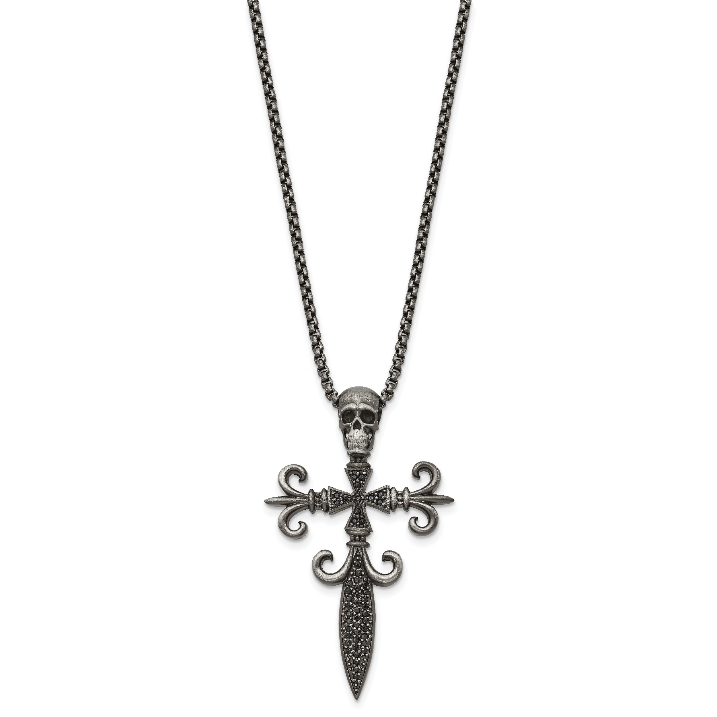 Chisel Stainless Steel Antique White Bronze-plated with CZ Cross and Skull Pendant on a 24 inch Box Chain Necklace