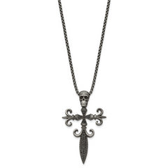 Chisel Stainless Steel Antique White Bronze-plated with CZ Cross and Skull Pendant on a 24 inch Box Chain Necklace