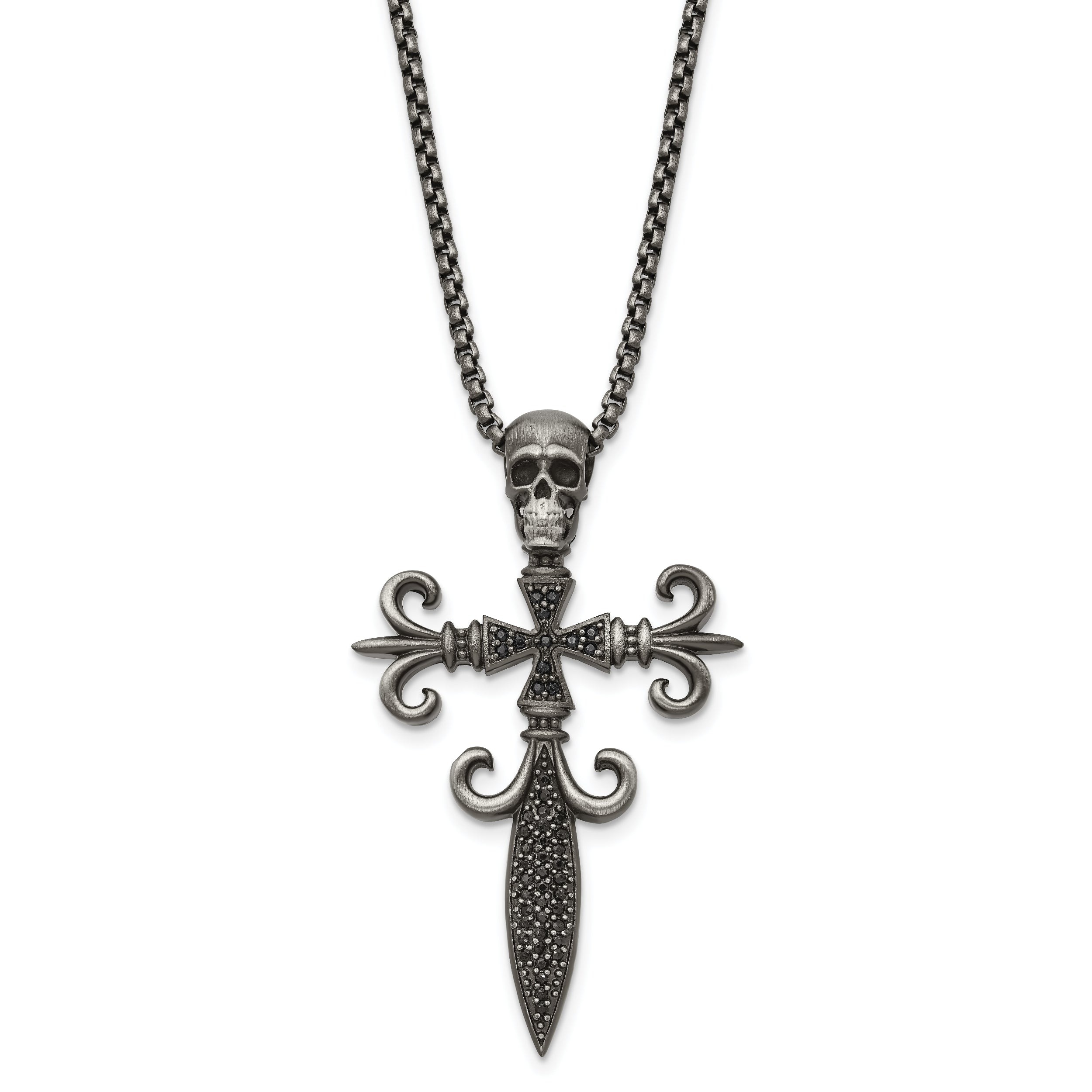 Chisel Stainless Steel Antique White Bronze-plated with CZ Cross and Skull Pendant on a 24 inch Box Chain Necklace