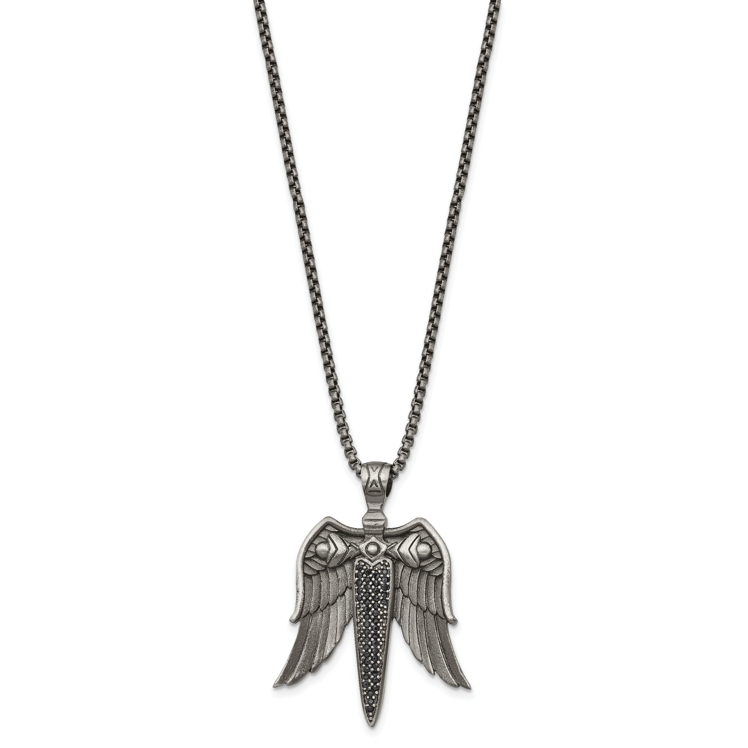 Chisel Stainless Steel Antiqued White Bronze-plated with Black CZ Sword with Wings on a 24 inch Box Chain Necklace