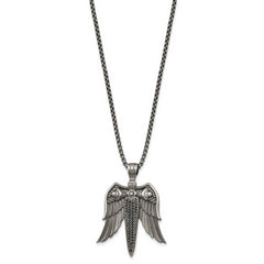 Chisel Stainless Steel Antiqued White Bronze-plated with Black CZ Sword with Wings on a 24 inch Box Chain Necklace