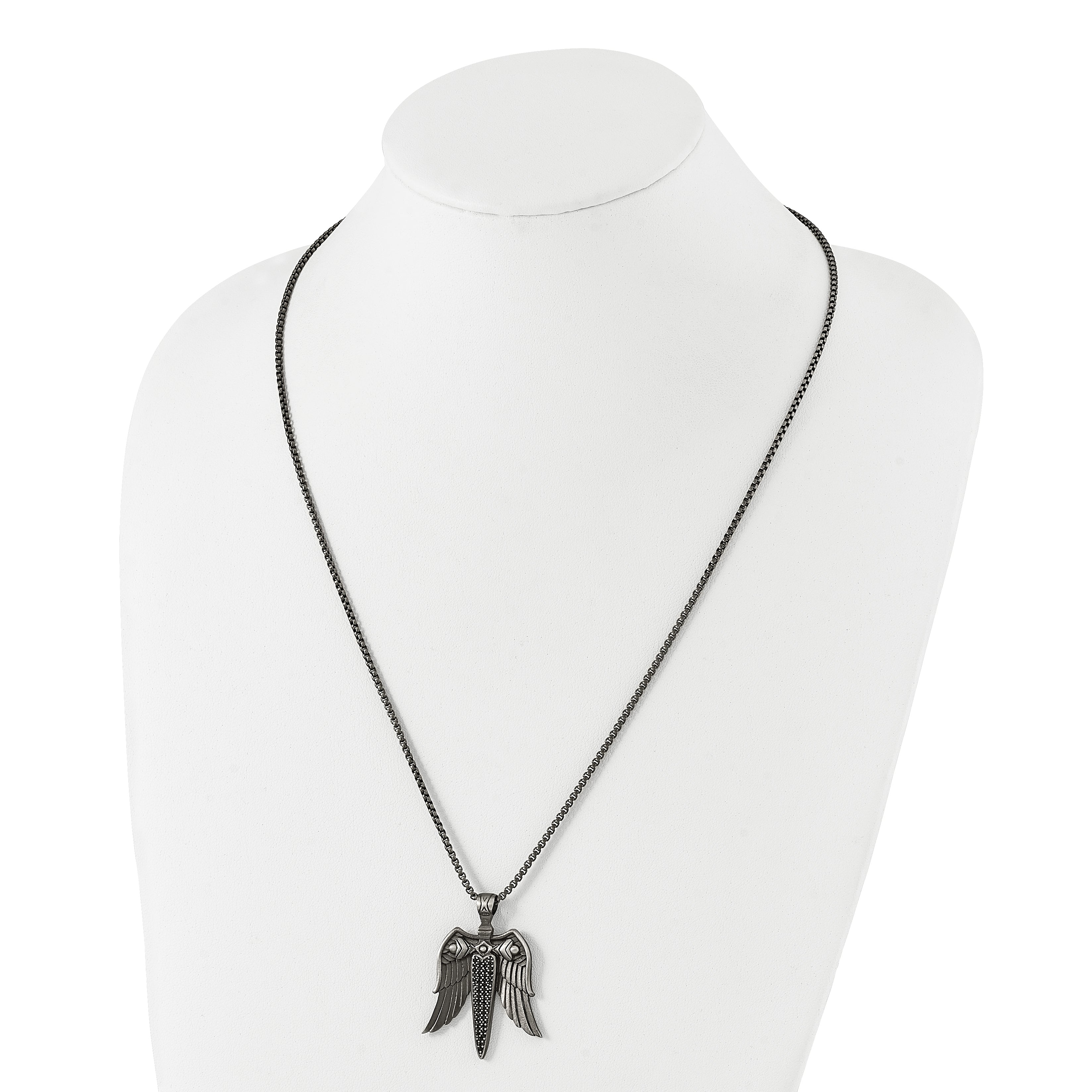 Chisel Stainless Steel Antiqued White Bronze-plated with Black CZ Sword with Wings on a 24 inch Box Chain Necklace