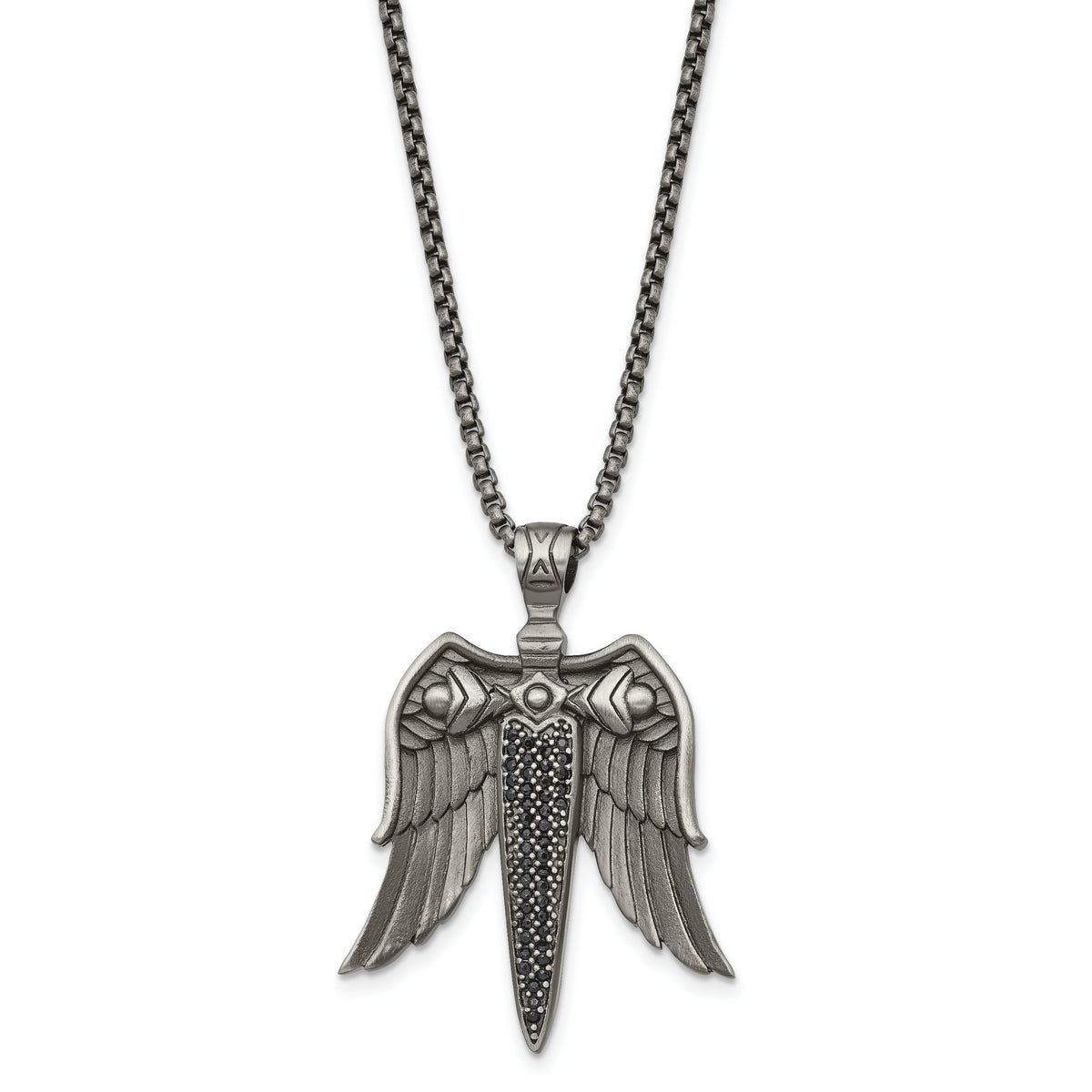 Chisel Stainless Steel Antiqued White Bronze-plated with Black CZ Sword with Wings on a 24 inch Box Chain Necklace